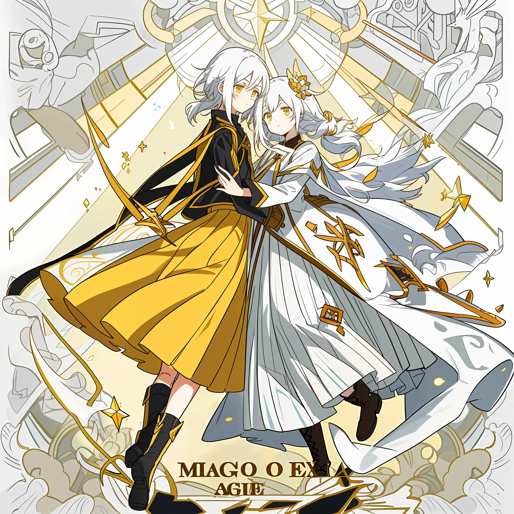 magia,salama,teens girl,beauitful face,arma,French formation,adolable,Short yellow skirt,Boots,White color hair,hair adornments,horse tailed,Fantastic scene,Top lighting,Hair decoration,amarelo,Calm expression,handheldweapons,One guy,full bodyesbian,random
