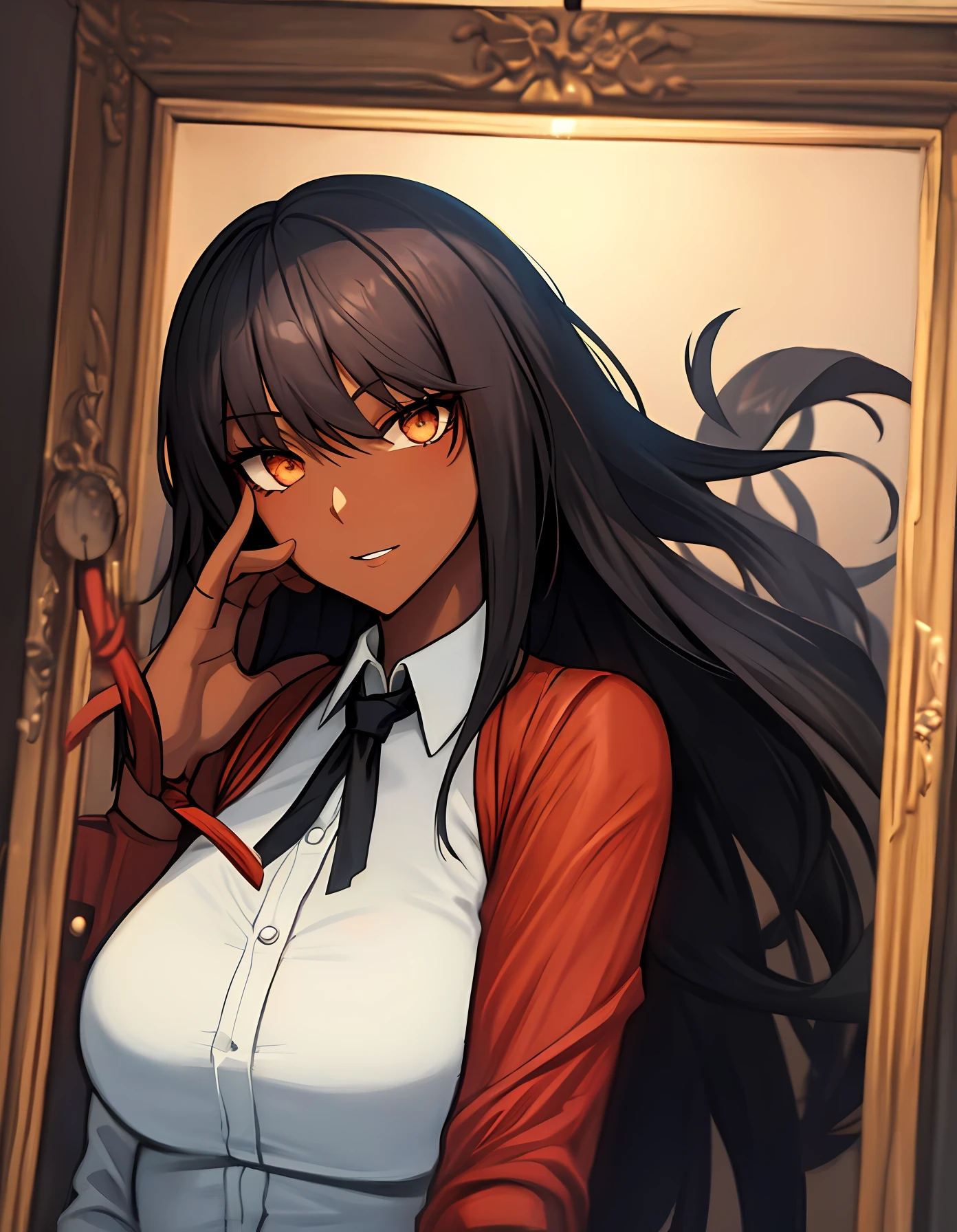 Girl tied by a rope Red rope Girl dark skin No clothes on the upper body Broken pantyhose on the lower body Shyness on the face High heels Big breasts Correct hand shape The background is inside the prison Real painting style
