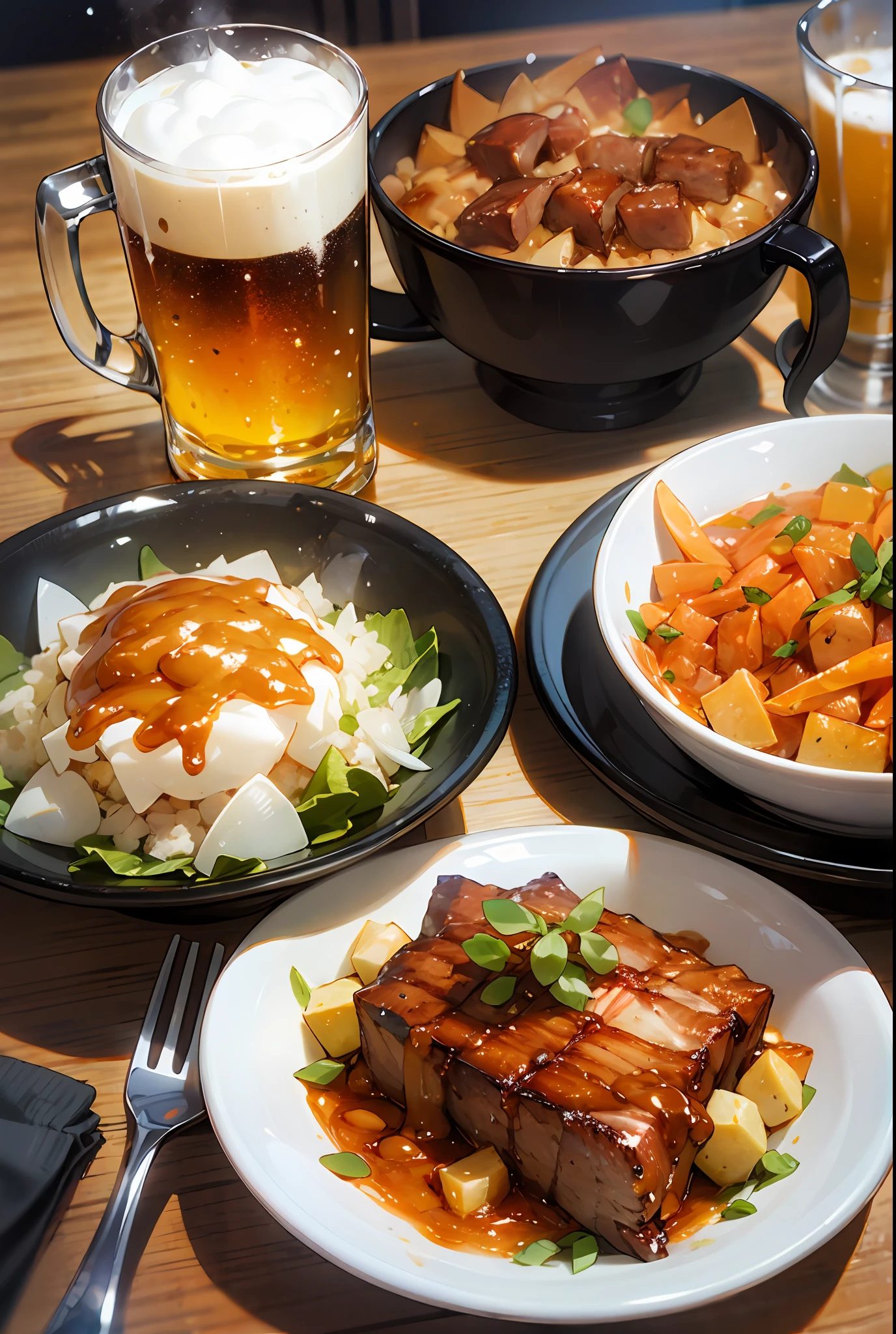 Delicious looking food on the table、Delicious-looking side dishes、beer、BBQ、nohuman、No Humans、