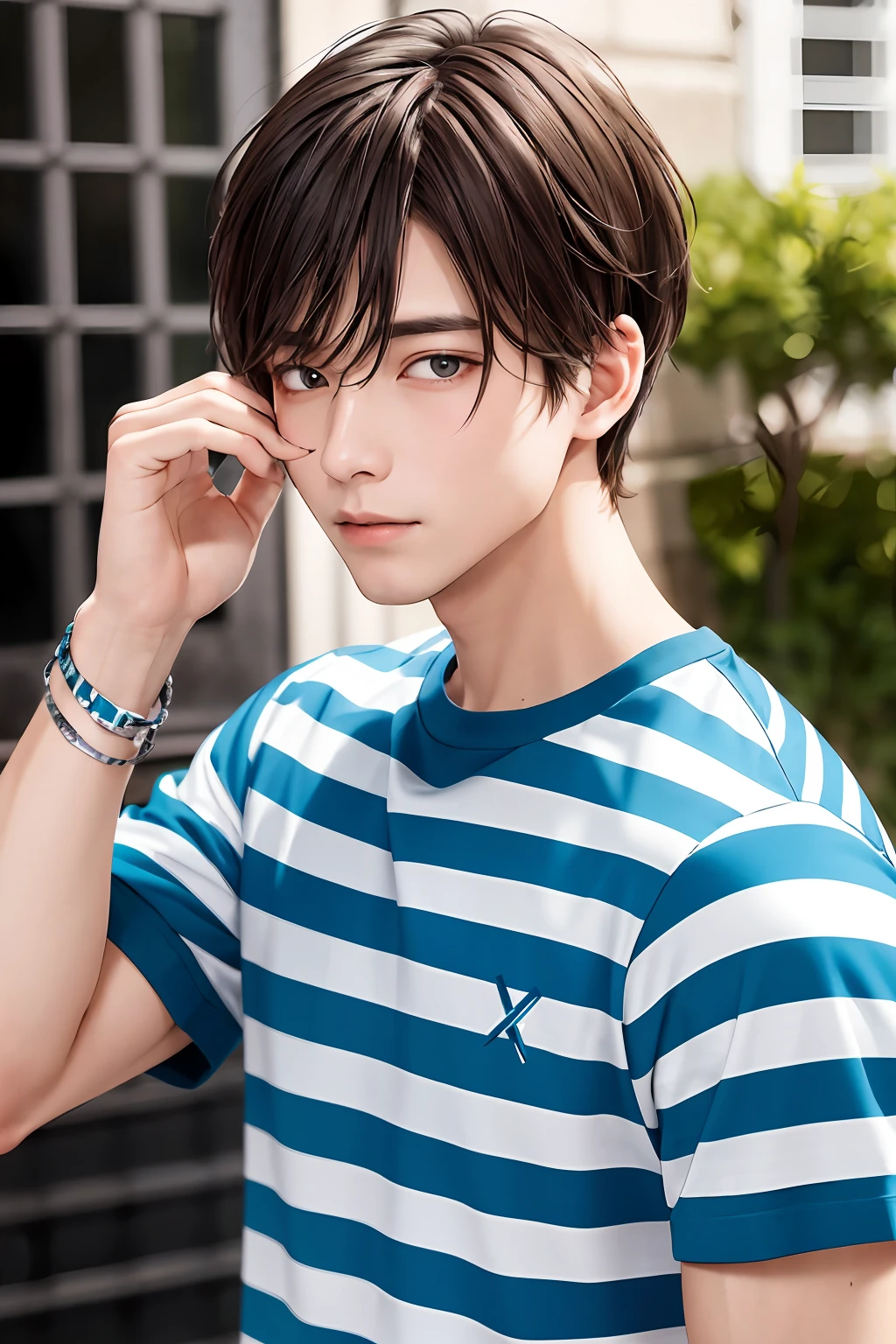 brunette color hair,Red eyes,male people,Blue and white striped inner shirt,Black sweatshirt,quadratic element