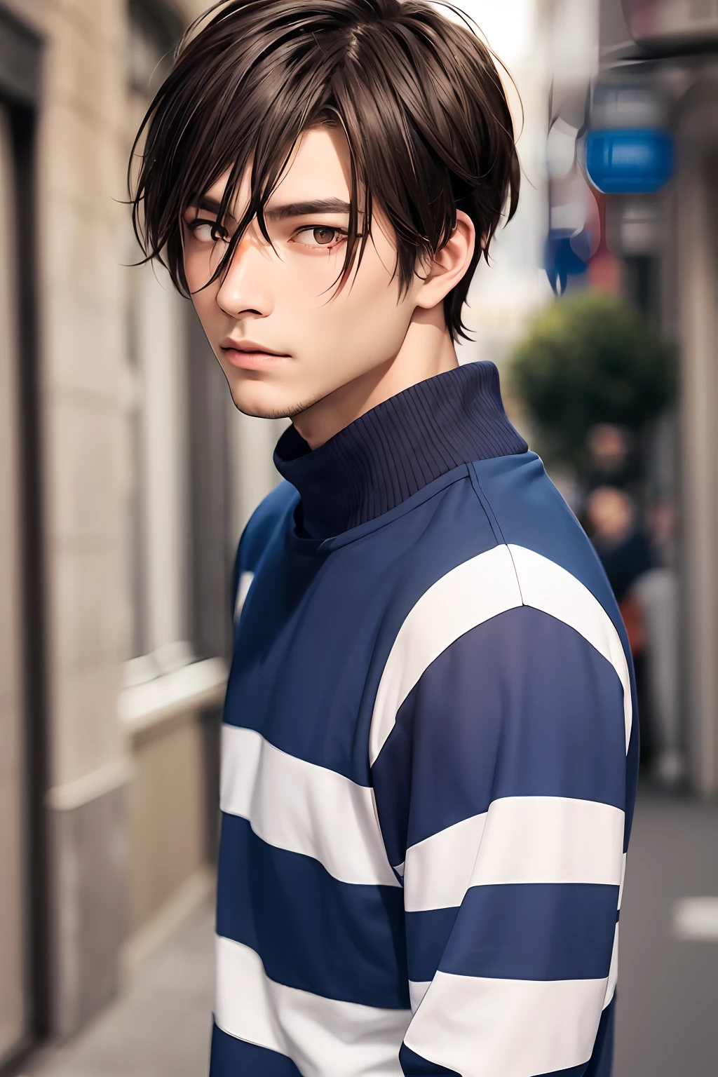 brunette color hair，Red eyes，male people，Blue and white striped inner shirt，Black sweatshirt，quadratic element