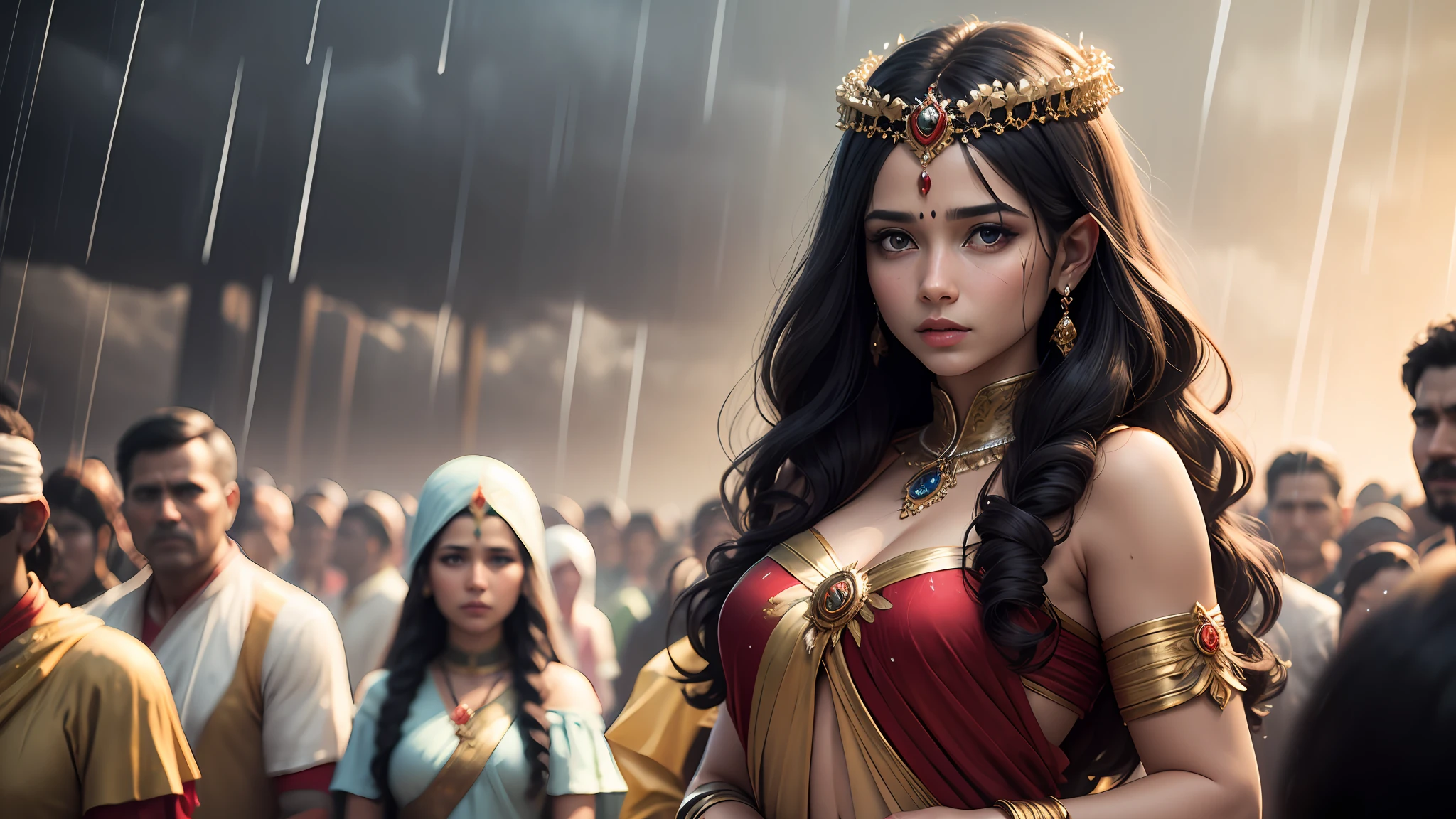 8k ultra realistic many crowd royal indian fairys , there are all is fairys, a fairy world , there are all indian fairys with all black hair there are raining, rain there