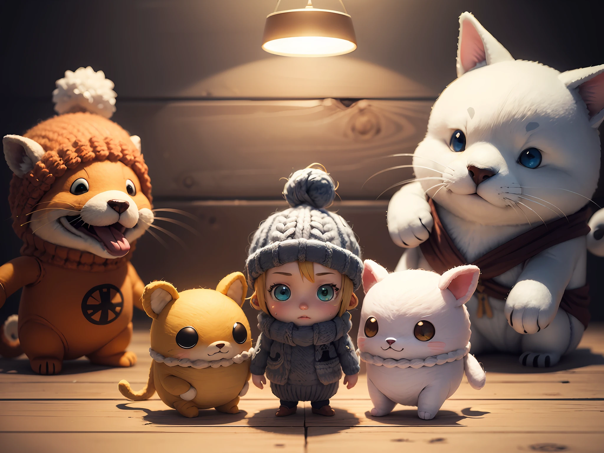 cute world of wool felt,wool knitted fabric,cartoony,Naruto,One Piece,super adorable,Superb lighting,volumetr,Jon Klassen,In Studio Ghibli style,tiltshift,80mm lens,largeaperture,3d,Blander,tmasterpiece,super detailing,best qualtiy, --v6