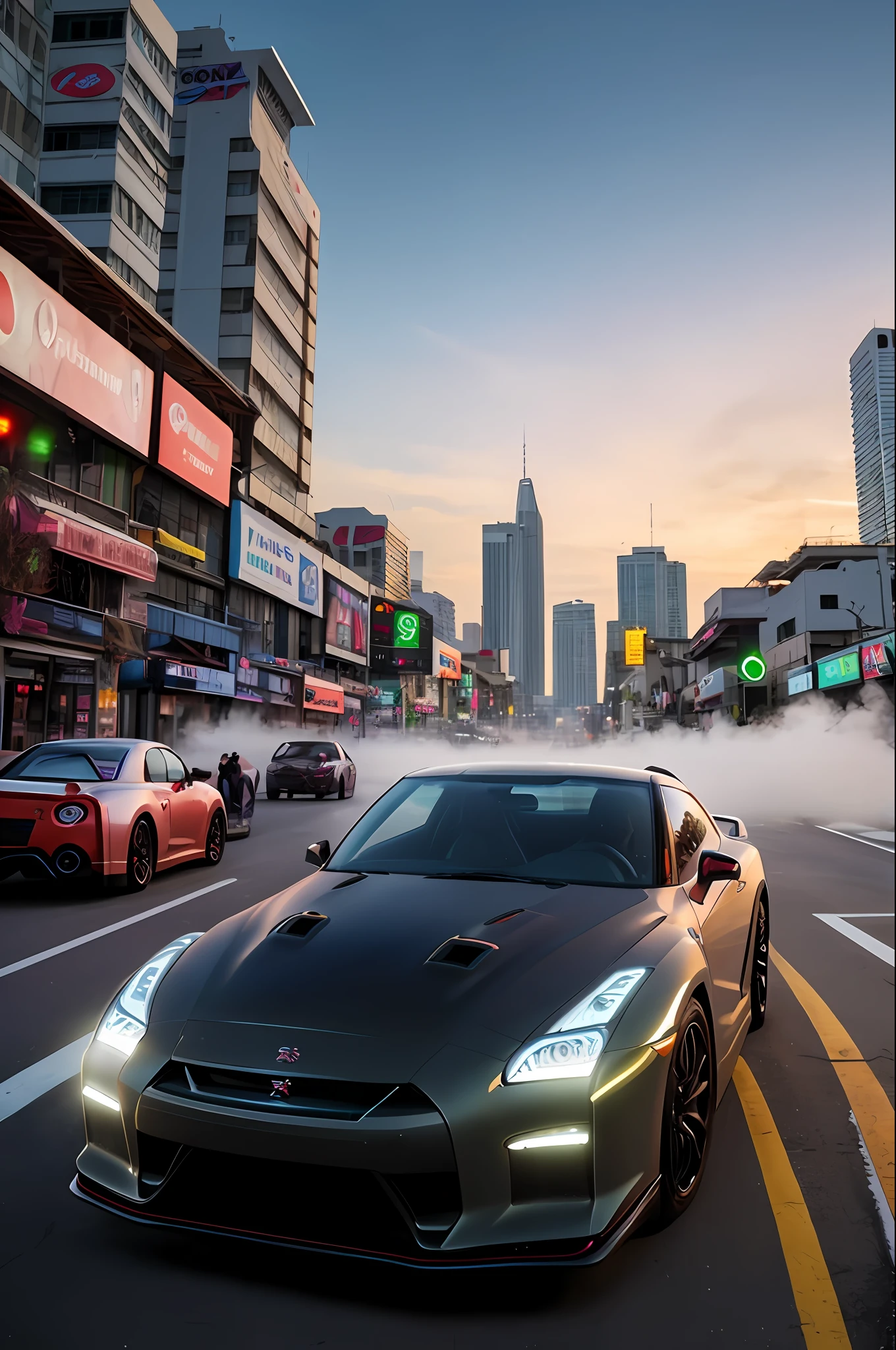sunny day bright beautiful overcast sky sunset sports car ((NISSAN GTR PRETO))running down cyberpunk Miami city streets neon signs and crowds confetti debris dust wind volumetric fog exciting epic action camera, (obra-prima: 1.2) (fotorrealista: 1.2) (Bokeh) (melhor qualidade) (pele detalhada ) (intricado) (32k) (HDR) (cinematic lighthing) (foco nítido)