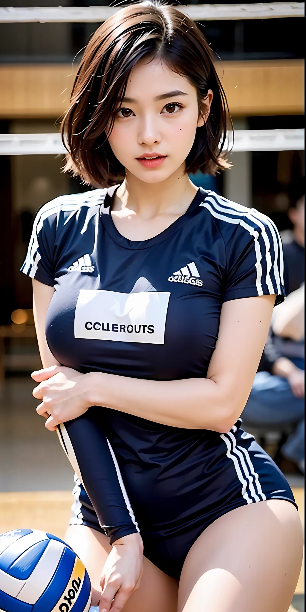 ​masterpiece、Top image quality、Detailed eyebrows、A detailed eye、Detailed nose、Detailed mouth、Beautiful fece、Bewitching、1人の女性、Shorthair、Volleyball player、Adidas、Colossal tits、Business Organizations、Gymnasium