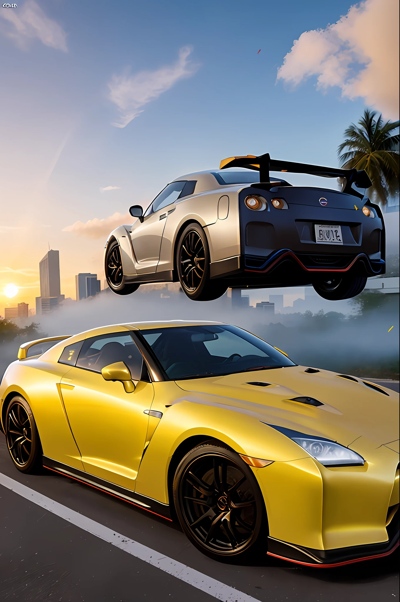 sunny day bright beautiful overcast sky sunset sports car ((NISSAN GTR PRETO))running down cyberpunk Miami city streets neon signs and crowds confetti debris dust wind volumetric fog exciting epic action camera, (obra-prima: 1.2) (fotorrealista: 1.2) (Bokeh) (melhor qualidade) (pele detalhada ) (intricado) (32k) (HDR) (cinematic lighthing) (foco nítido)