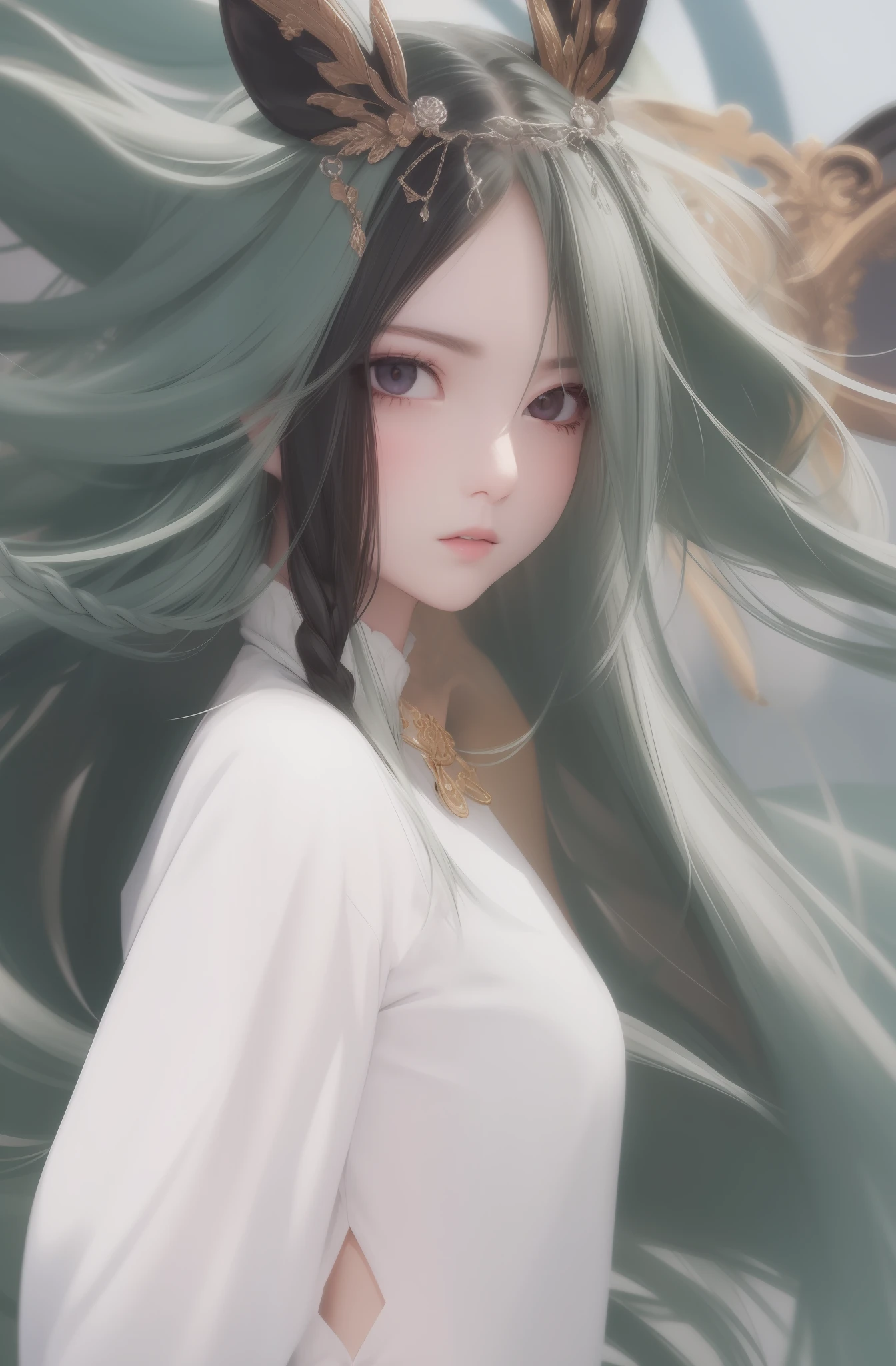 whaite hair，White clothes，teens girl，long braid，The upper part of the body，tmasterpiece，4k