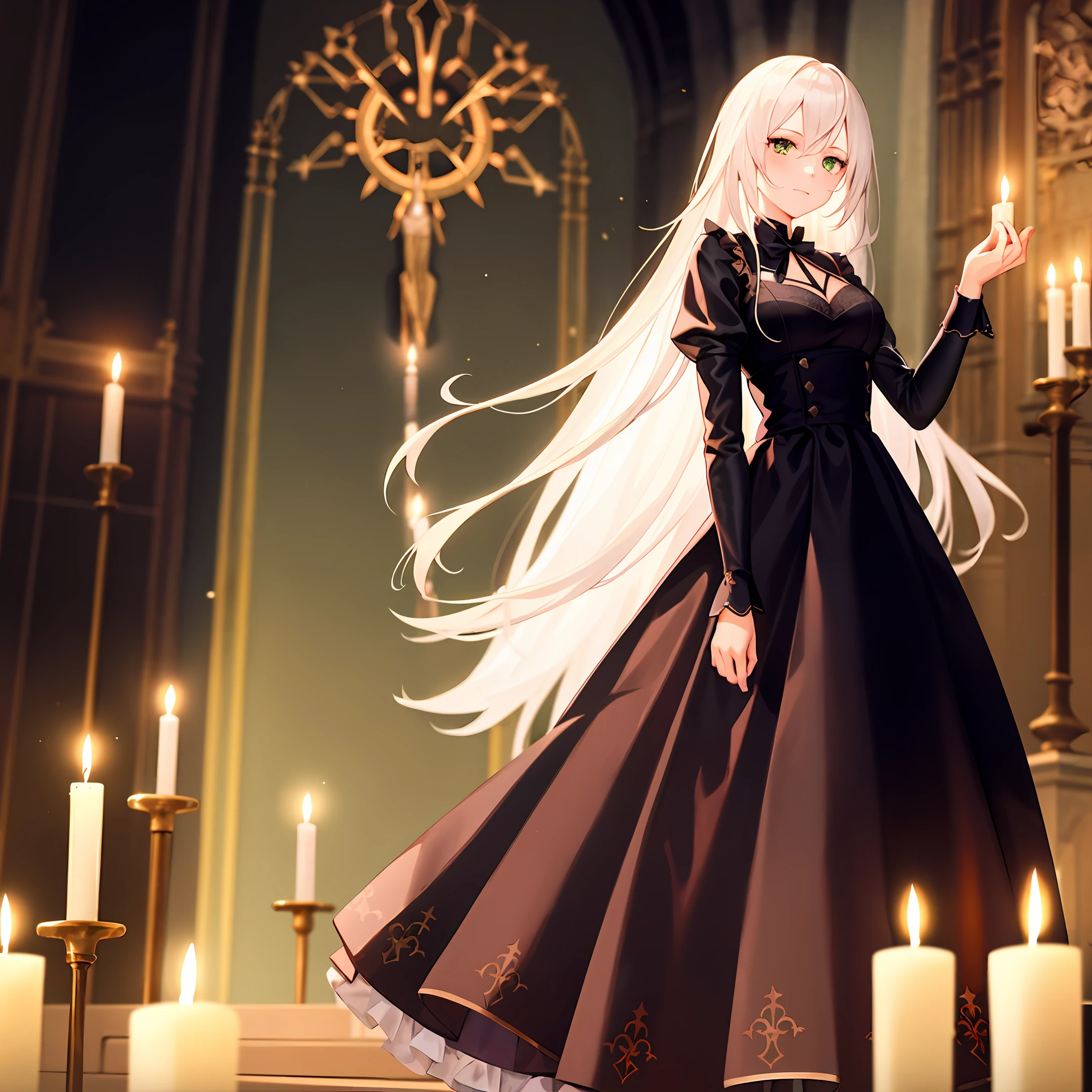A girl in a black Lolita Gothic costume,In a church with candles empty,Long looks good,White hair, green eyes