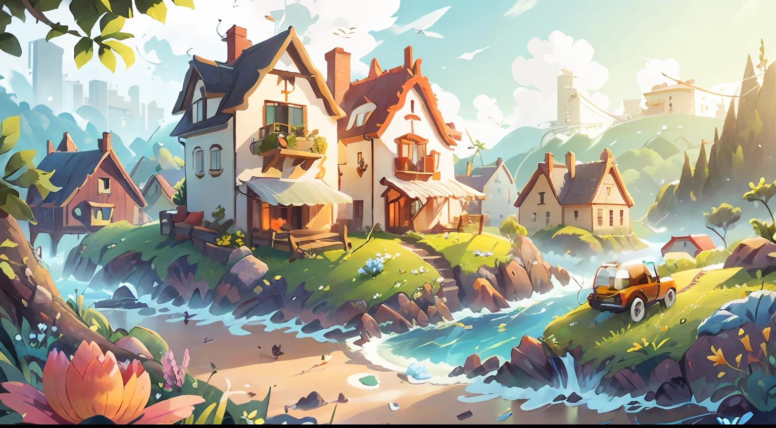 Seaside city,blue-sky,Sunlight shines through large clouds on distant houses,No Man,There are meadows nearby,There are small flowers, swell sea,The house is shell-shaped, --auto