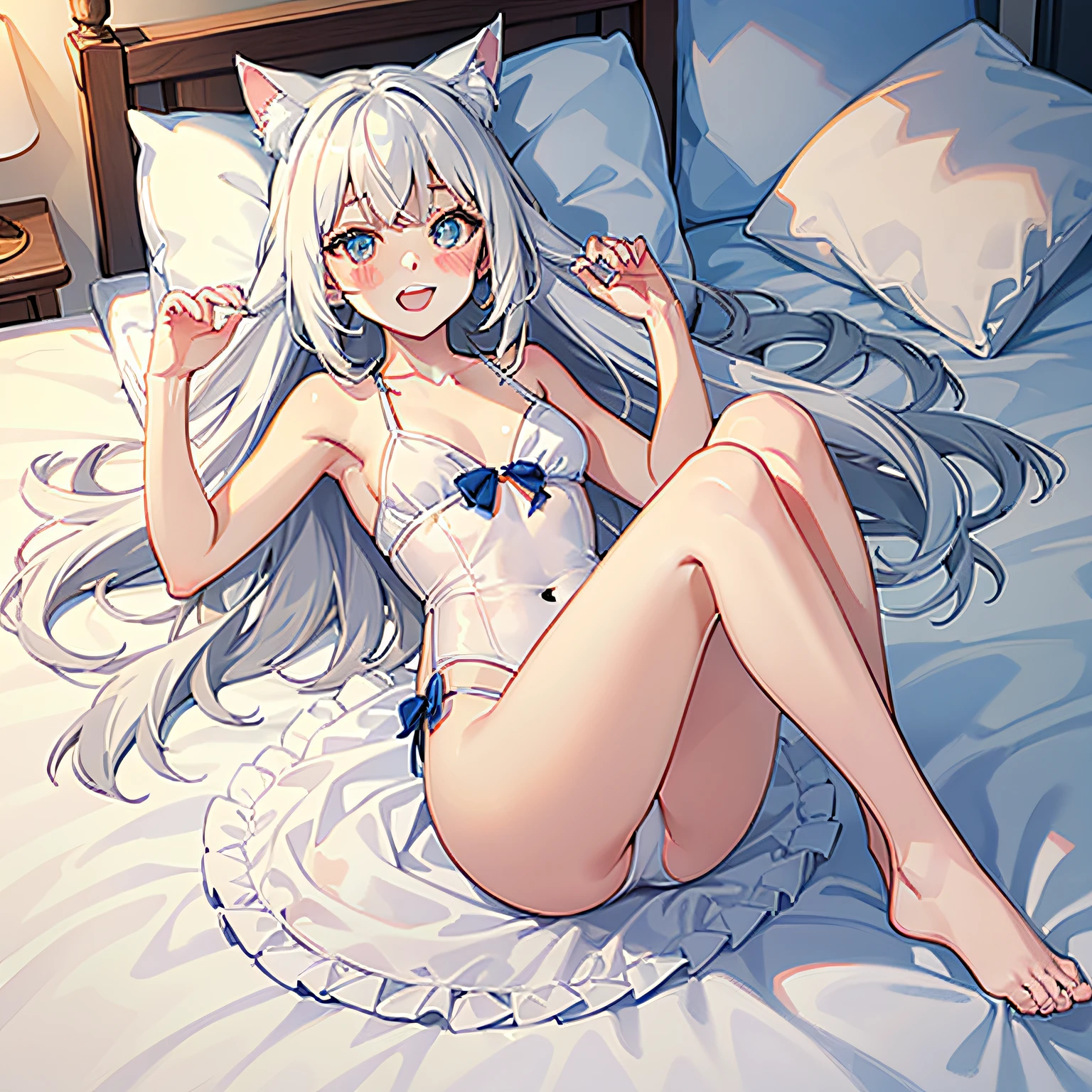 school girl, cat girl, white hair, anime girl, cute anime girl, blush, swimsuit, fluffy tail, eye elevation, long hair, white cat ear, blue eye, full body, naked, leg open, on bed, ticking with feathers, laughing