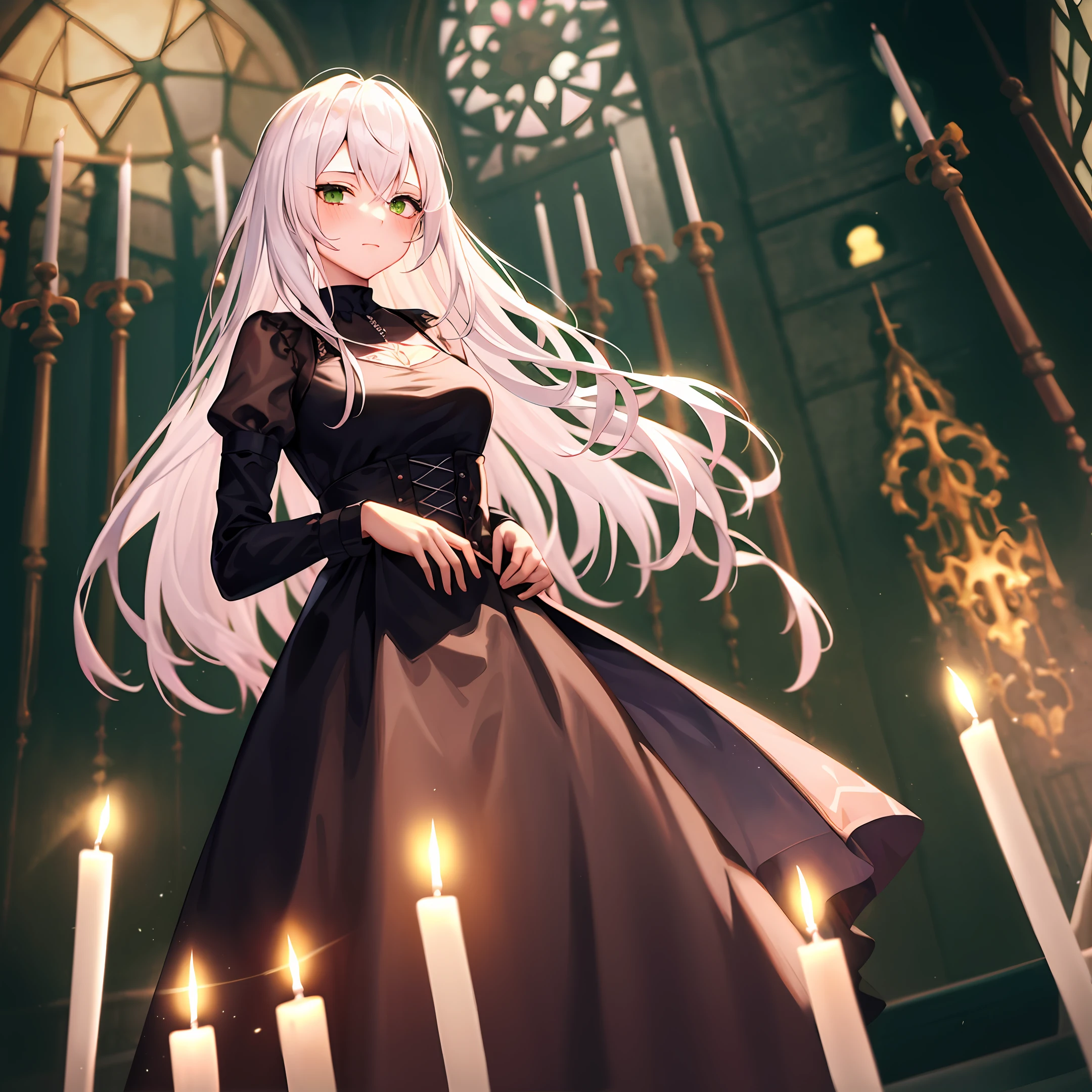 A girl in a black Lolita Gothic costume,In a church with candles empty,Long looks good,White hair, green eyes