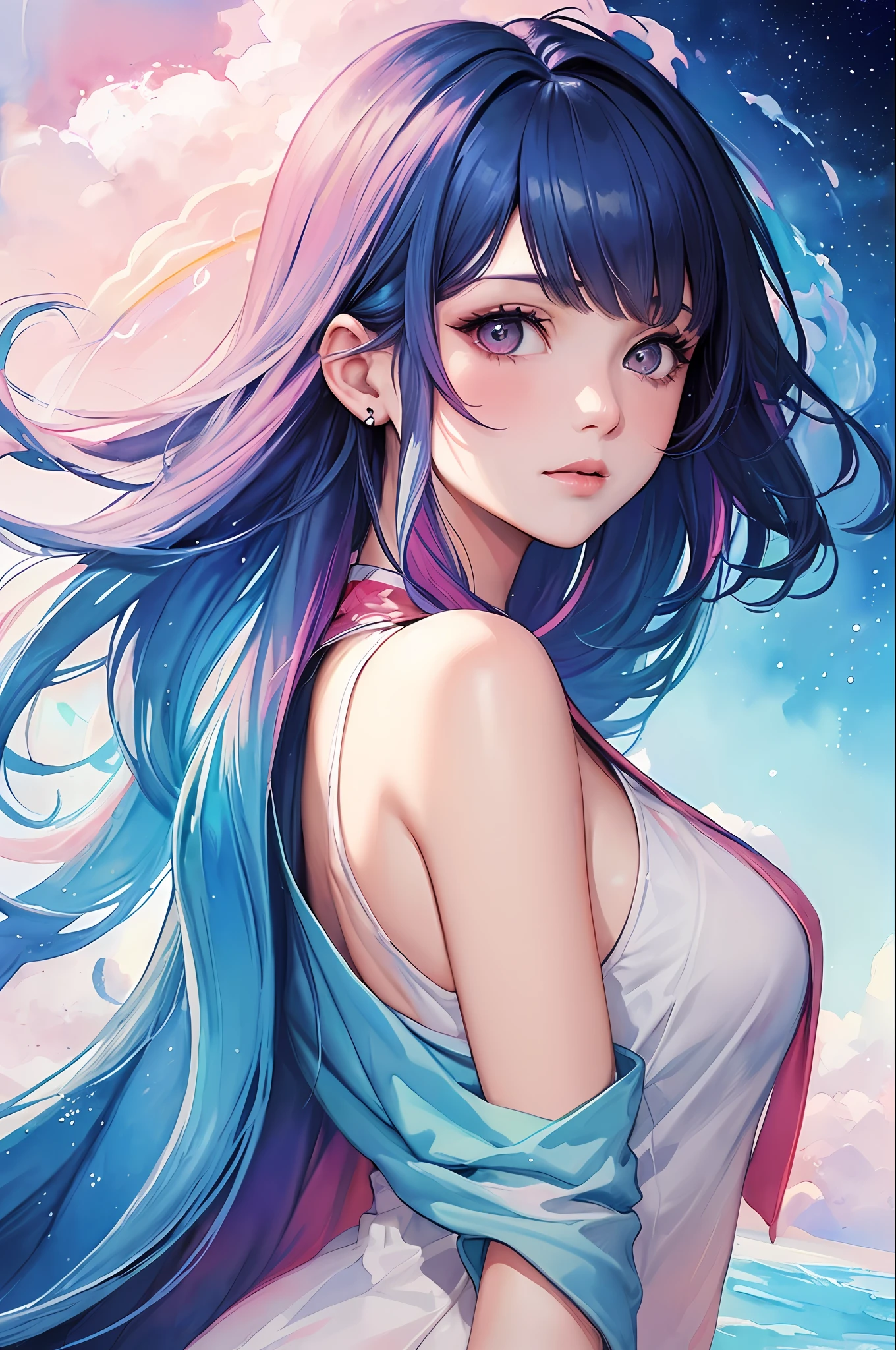 (masterpiece, top quality, best quality,watercolor (medium),official art, beautiful and aesthetic:1.2),(1girl:1.3), (fractal art:1.3),upper body, from side, looking at viewer,patterns,(rainbow color Hair,colorful hair,half blue and half pink hair:1.2),water,liquid, cloud,colorful, starry,stars,