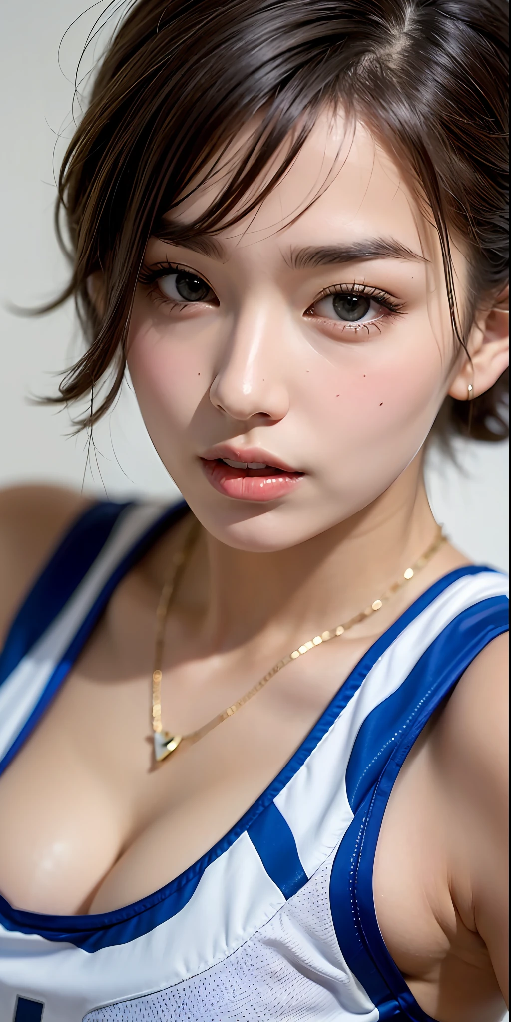 ​masterpiece、Top image quality、Detailed eyebrows、A detailed eye、Detailed nose、Detailed mouth、Beautiful fece、Bewitching、1人の女性、Shorthair、Volleyball player、Adidas、Colossal tits、Business Organizations、Gymnasium