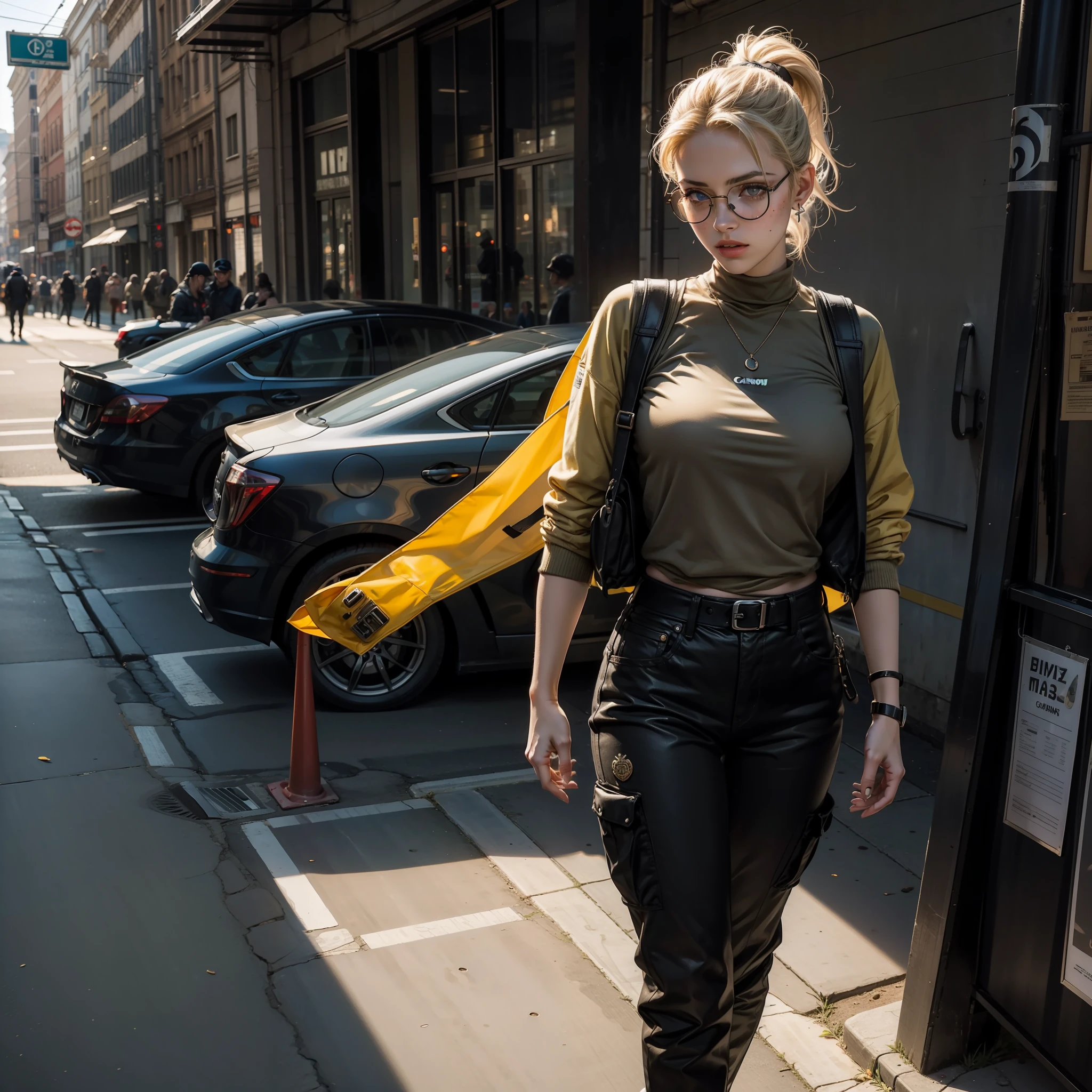 Cammy branco (Lutador de rua), olhos cinzas, cabelo blondie cinza ponytail, pale skin and freckles, soft and beautiful lips, Aviator glasses with yellow transparent lenses, wearing tactical black baselayer, military office pants, coturno preto tratorado, portando um fuzil de assalto M4A1, Preparando-se para atacar e emboscar, ruas de Moscou em guerra. Noite sob luz das ruas. Luz Natural, poor lighting, fotorrealista, disco Rigido, 8k, obra prima, hard driveR, ....RAW, Olhando, Aerial focus, Canon EOS R5, mola a 50mm | |, F/2.8, HDR,