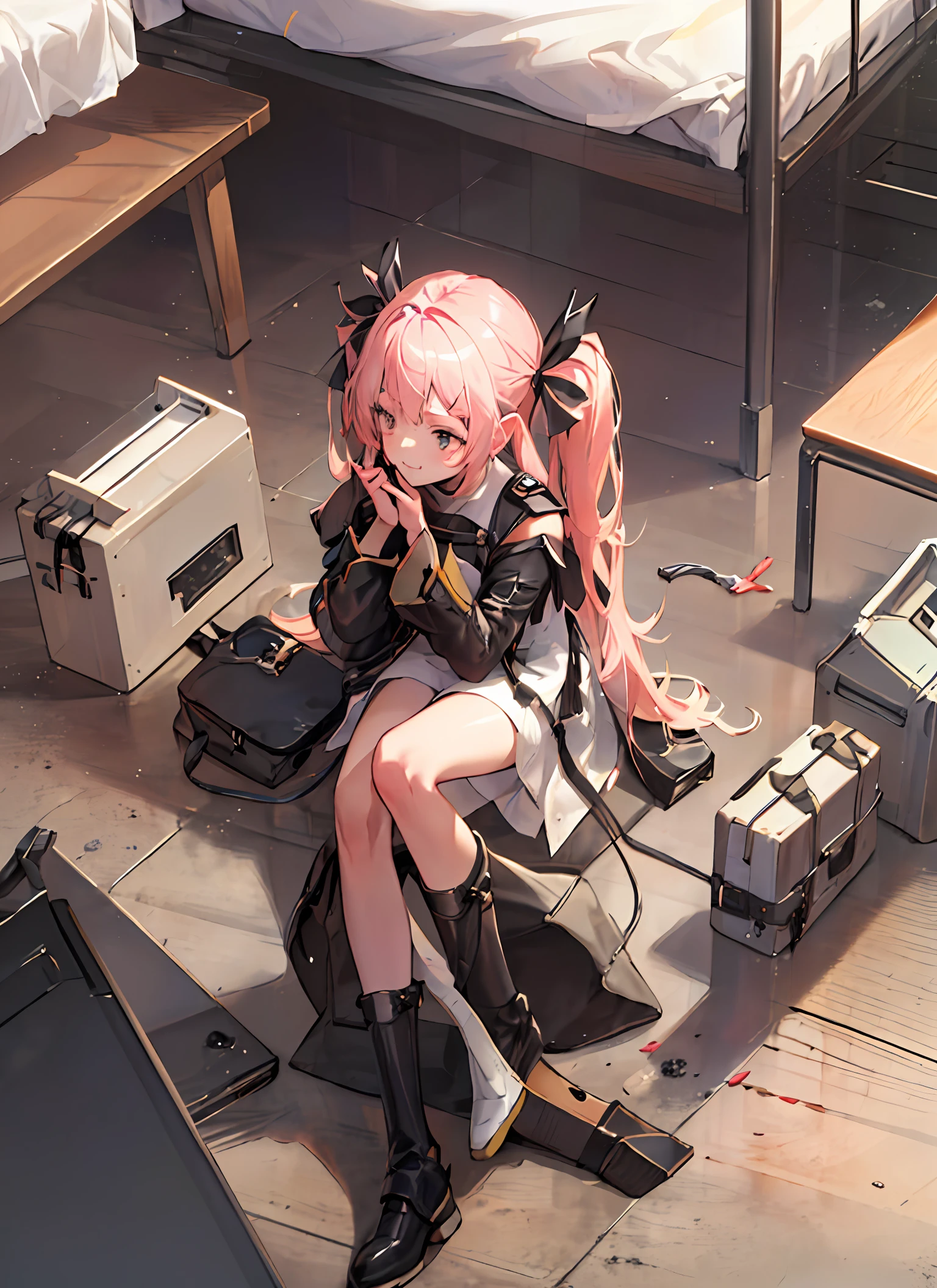 black cloaths,White lining,Double pigtail big eyes girl,Hand on face,On the dormitory table,A yellow thermos cup was placed on the table in front of him