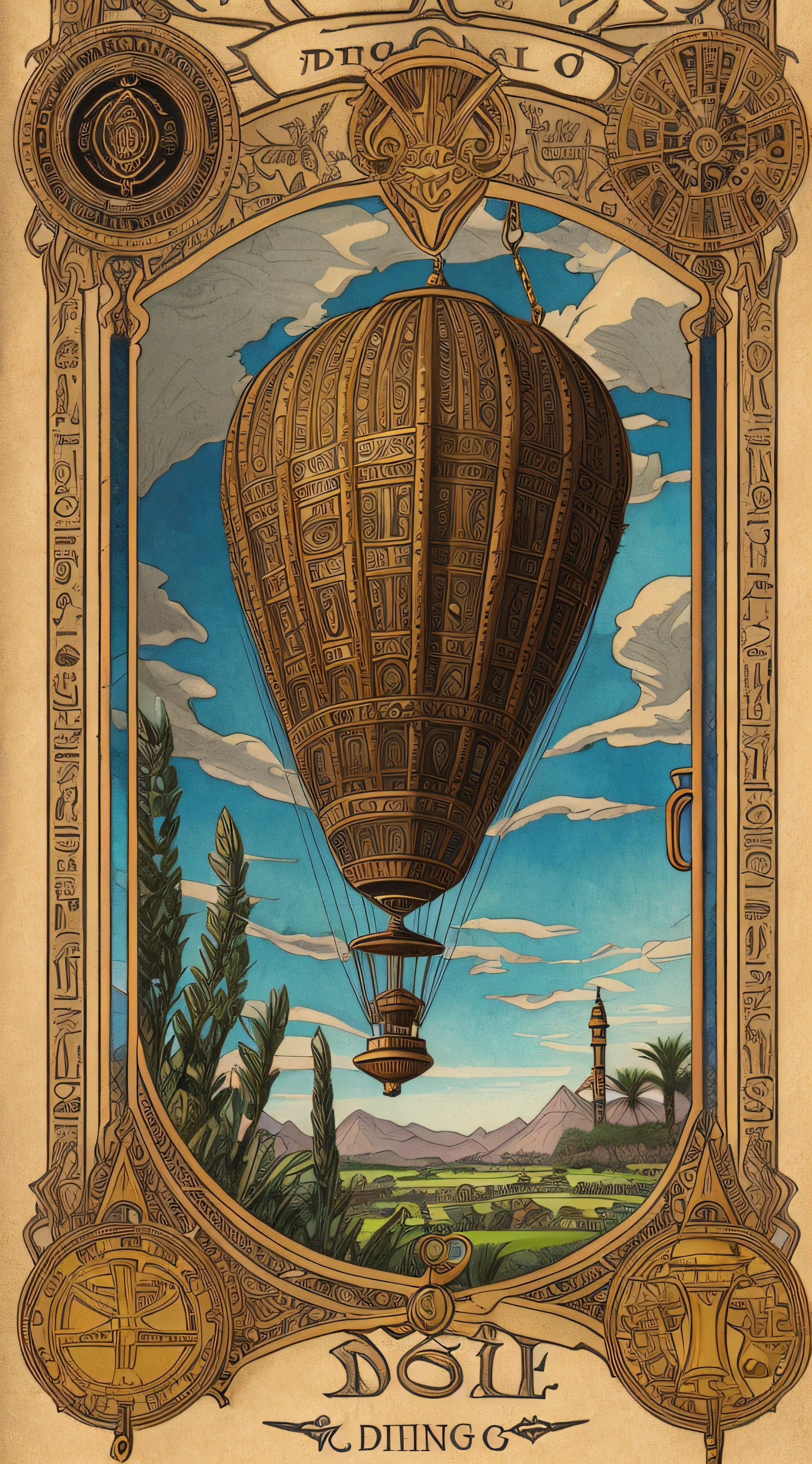 high detailed egyptian tarot card with a steampunk dirigible, leather and iron textures to make it realistic --aut --auto