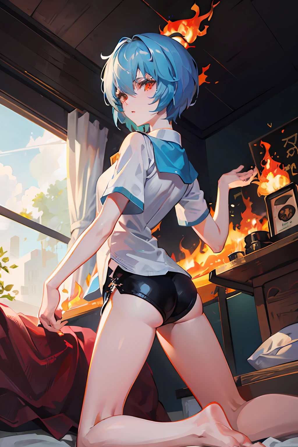 blue short hair,ember,Cartoon feel,white shirt,Bare legged,Cock your ass,get down on the bed,Be red in the face,