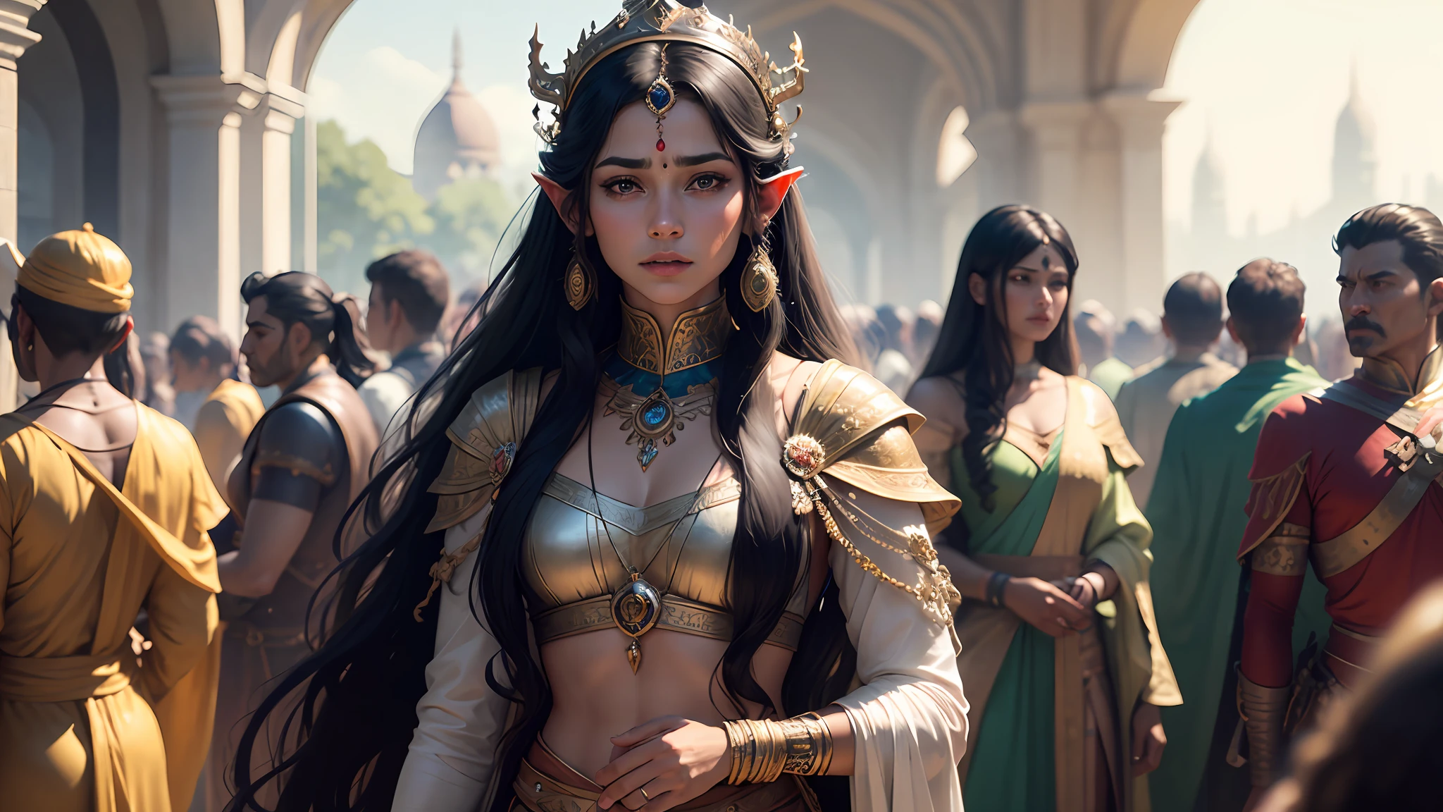 8k ultra realistic many crowd royal indian fairys , there are all is fairys, a fairy world , there are all indian fairys with all black hair a fairy king is very sick and he is on a bad
