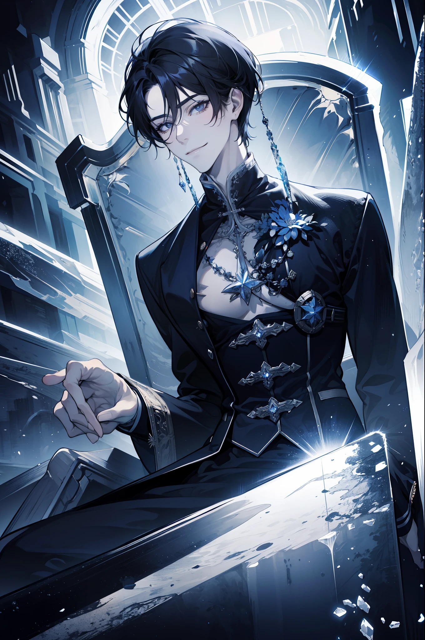 (absurdres, highres, ultra detailed), 1 male, adult, handsome, tall muscular guy, broad shoulders, finely detailed eyes, dark color hair, fantasy, complex pattern, detailed face, throne, magic effect, best ratio four finger and one thumb, ice, bitter cold, cold snap, smile, (dutch angle), closed mouth