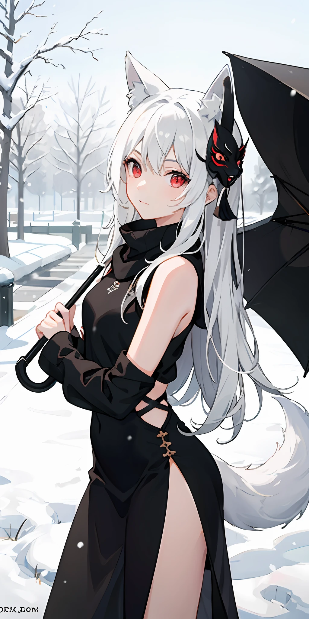 1girll,White hair,Dark red eyes,Wearing a fox mask,Sideslit,light particules,the wallpaper,snowy day，holding a umbrella