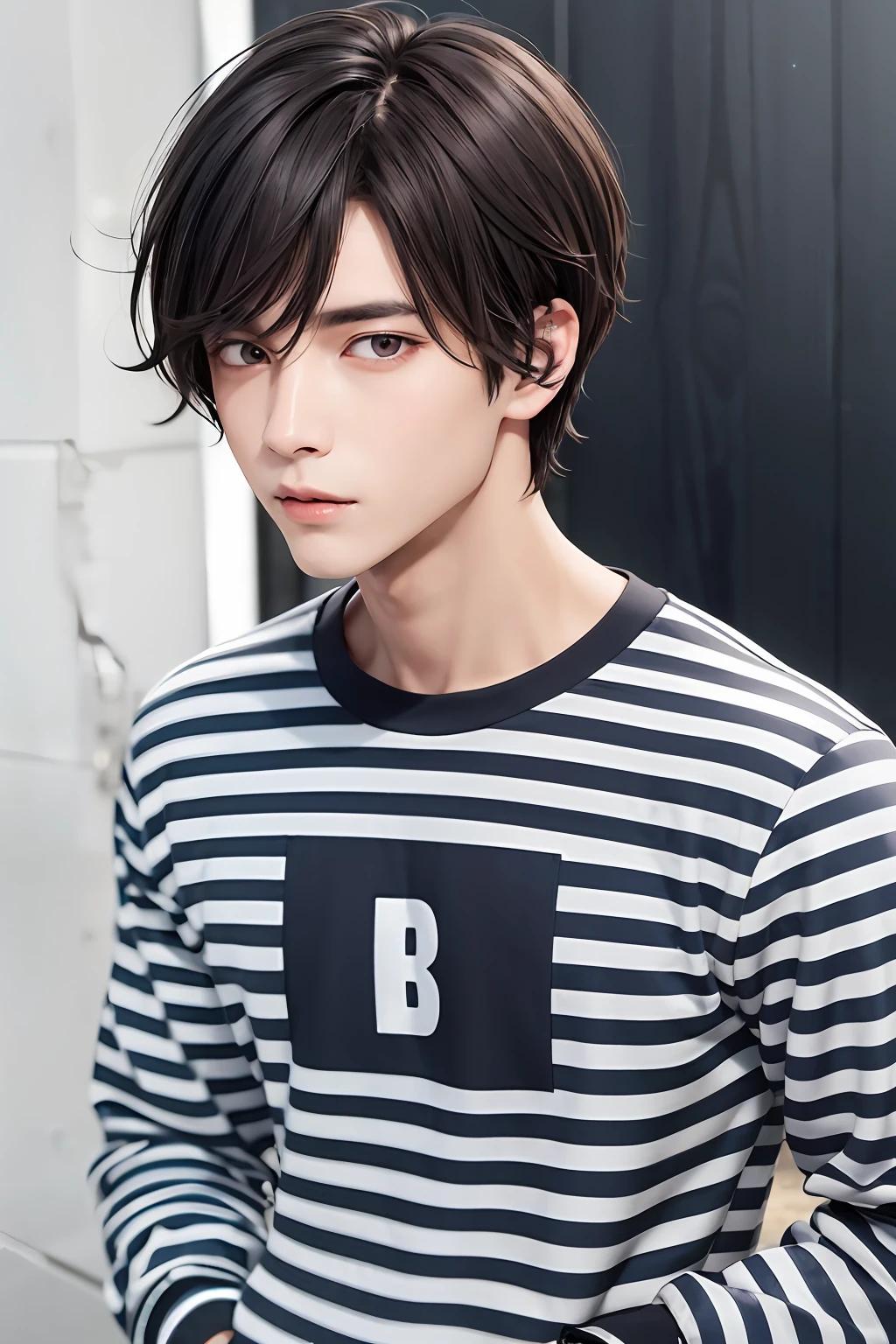 brunette color hair,Red eyes,male people,Blue and white striped inner shirt,Black sweatshirt,quadratic element