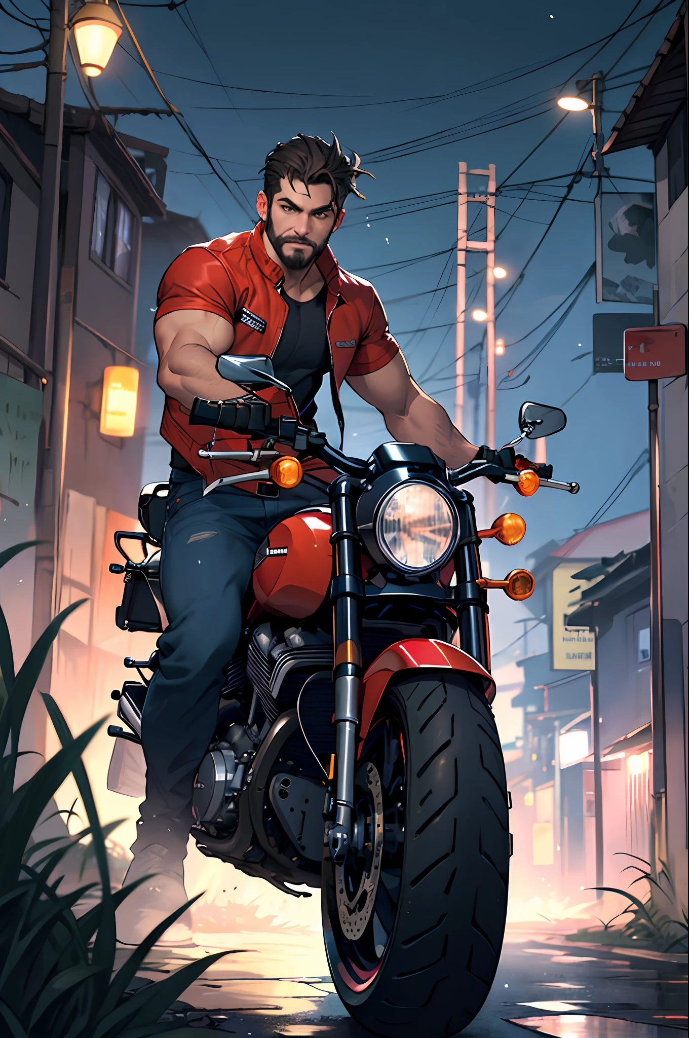 1 homem, obra-prima, melhor qualidade, quarenta anos, moto,harley davidson, plano de fundo neblina, chuva, solo, corpo inteiro, facial hair, homem musculoso, beco escuro, neblina, envelhecido, casaco, beco, luz da lua, eight heads tall, escuro, mulher, homem, chuva,