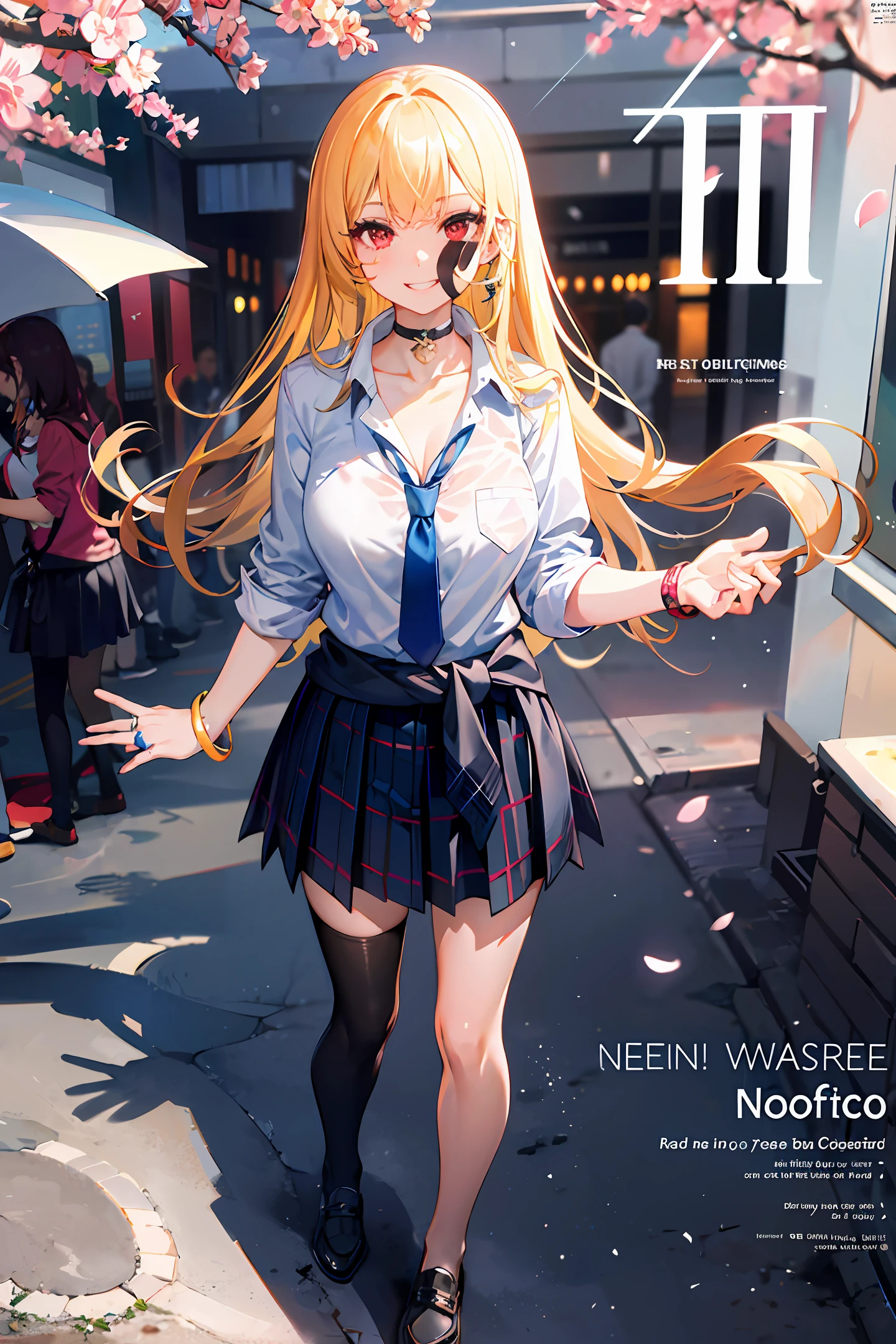 masterpiece, best quality, full body, 1girl, bangs, black choker, black necktie, blonde hair, blue skirt, blush, bracelet, , choker, clothes around waist, collarbone, collared shirt, cowboy shot, dress shirt, ear piercing, eyebrows visible through hair, gradient hair, grin, gyaru, jewelry, kogal, long hair, looking at viewer, loose necktie, necktie, piercing, plaid, plaid skirt, pleated skirt, red eyes, ring, school uniform, shirt, skirt, smile, solo, white shirt, street, sky, cherry blossoms, petals,illustration, (magazine:1.3), (cover-style:1.3), fashionable, woman, vibrant, outfit, posing, front, colorful, dynamic, background, elements, confident, expression, holding, statement, accessory, majestic, coiled, around, touch, scene, text, cover, bold, attention-grabbing, title, stylish, font, catchy, headline, larger, striking, modern, trendy, focus, fashion,