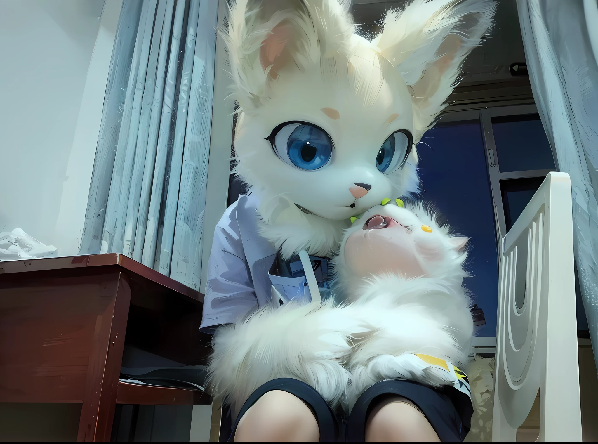 there is a white stuffed animal with blue eyes and a pair of glasses, fursona!!!!, fur set!!!!, attached tail, 3/4 view from below, plushies, headshot of young female furry, macro furry, fur set, spotted ultra realistic, fully flexib, furry fursona, very detailed felt plushie, with a big head，Big eyes