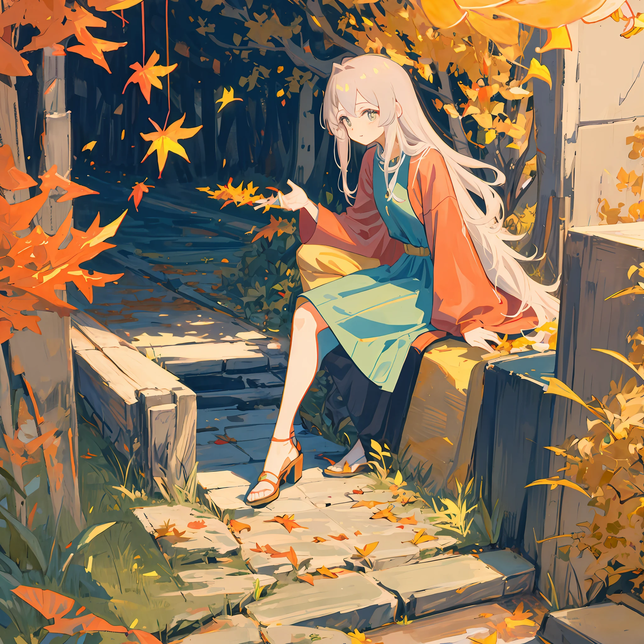 fall season，eventide，parks，Under a large tree with golden leaves，cute girly