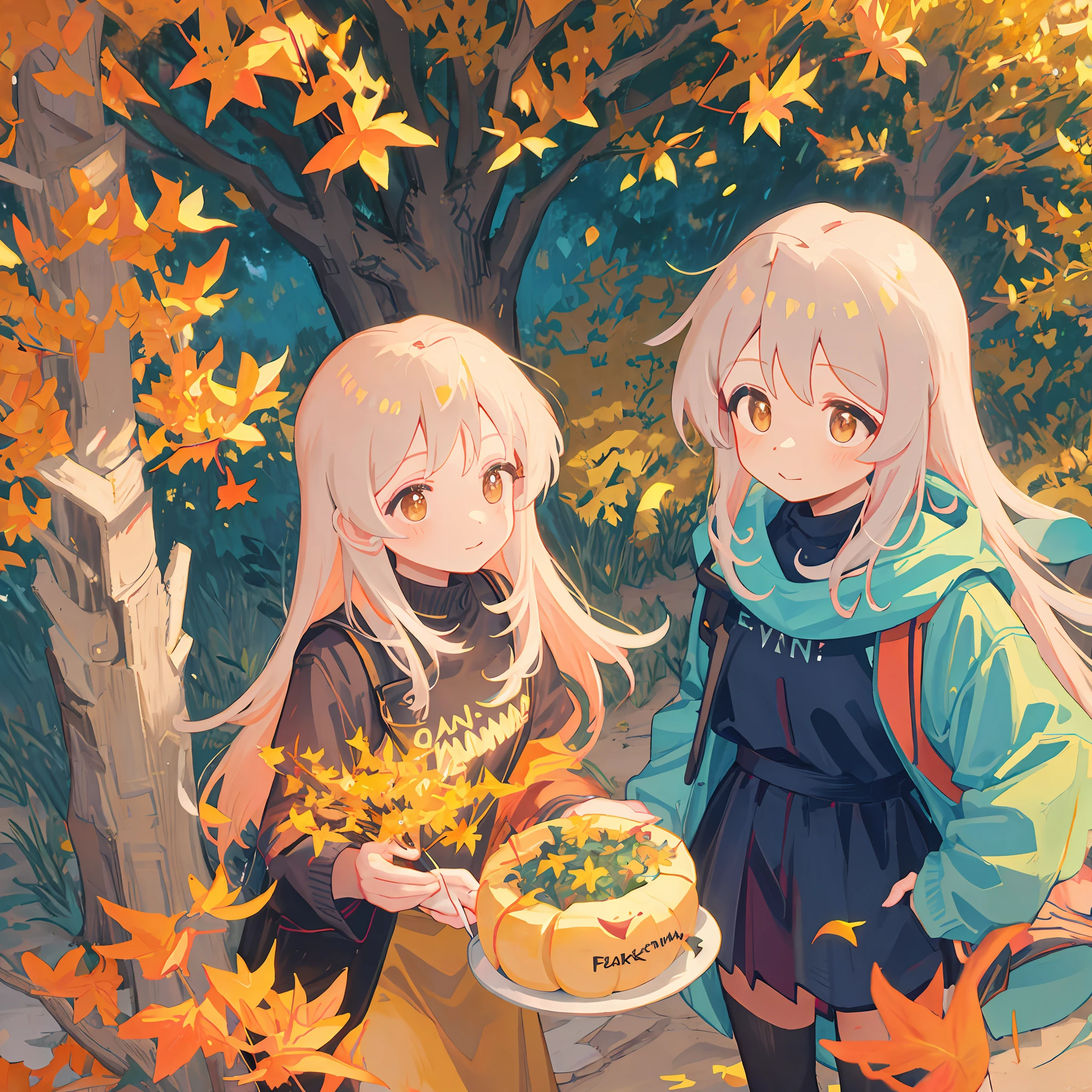 fall season，eventide，parks，Under a large tree with golden leaves，cute girly