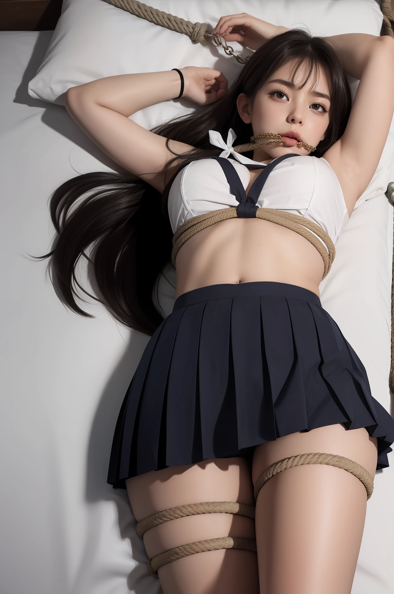 Put your arms on your head,lying on back on bed, Long_Hair, Looking_at_peeping at the viewer, Large Thigh, the bow, shackle, BDSM, shackle, ropes, school uniform, Open navel,shibari, Bound_Arms, Ball_gag