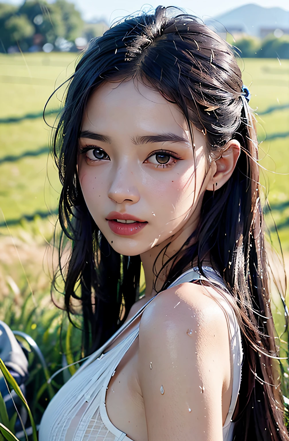 best qualtiy、masterpiece、photoRealstic、intricate-detail、Raw foto、Photon Rendering、Octane Rendering、absurderes、ultra-detailliert、A detailed face、Detailed skin、Trending in art stations、8K Masterpiece、lighting like a movie、( (1girl in))、((独奏) ))、((Behold))、CG Social Trends、Plastic En、((Black Long Hair))、((Beautuful Women))、(A smile)、show the grinps、Upper teeth、Fashionable、summer clothing、Hair that flutters in the wind、((Flowing hair))、fashion magazine、(A sexy)、((lighting like a movie))、((grass field))、((Sateen))、((Wet with rain))、wetted skin、wetting hair、