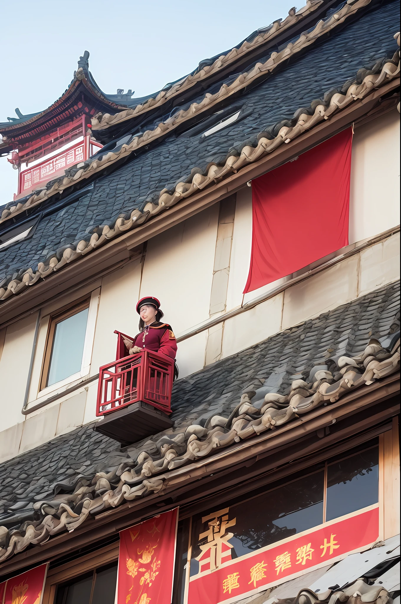 A Chinese woman in military uniform in the seventies is now on the roof of a building with a red flag