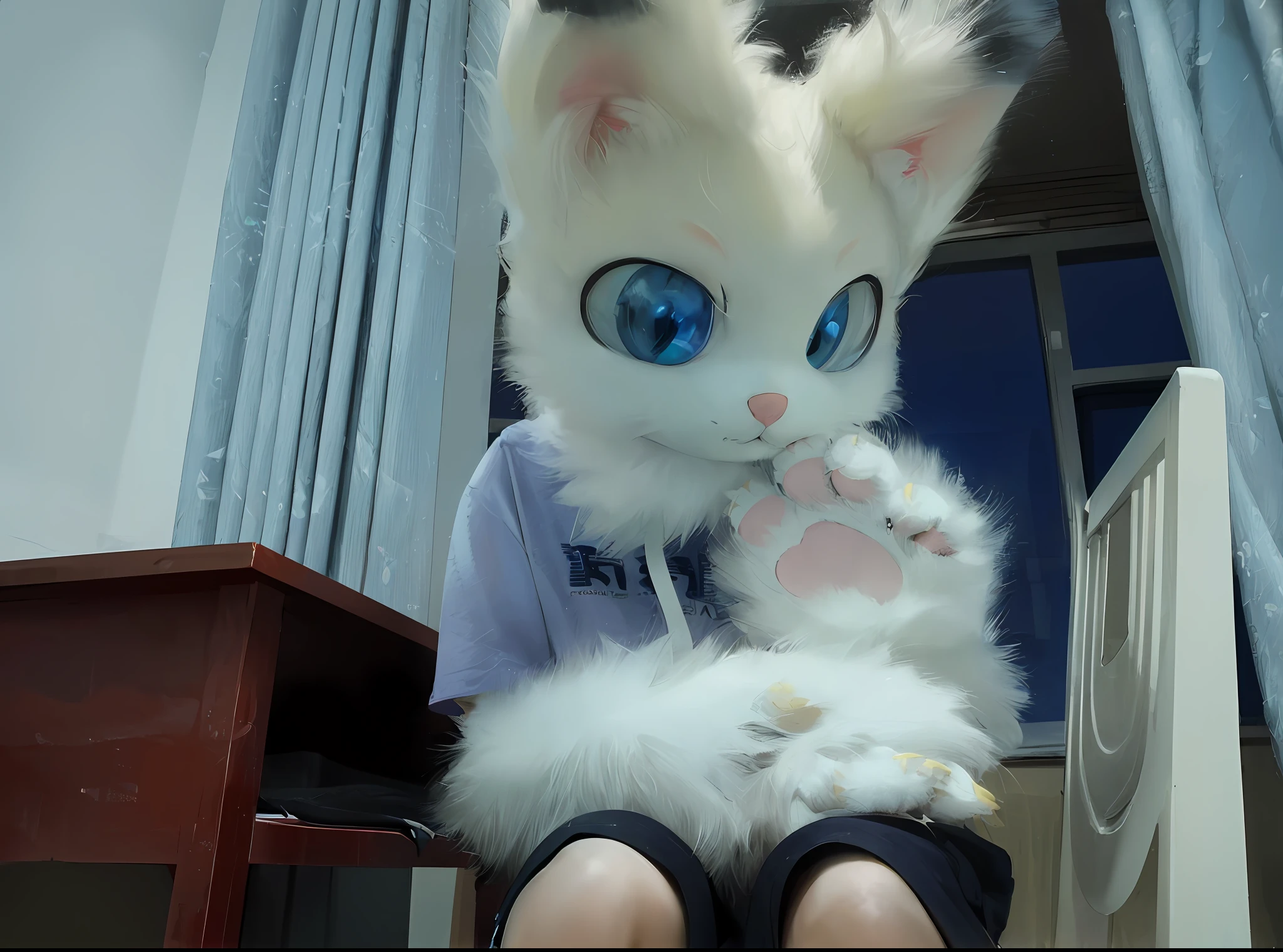Alafi sat in his chair,There is a stuffed toy in front of the window, cat furry, fur set, furry paws furry, furry anime, Furry character, Fully robotic!! cat, fur set!!!!, furry fursona, Fully robotic!! cat woman, cute furry needs your help, realistic cloth puppet, plushies, realistic anime cat, POV furry art