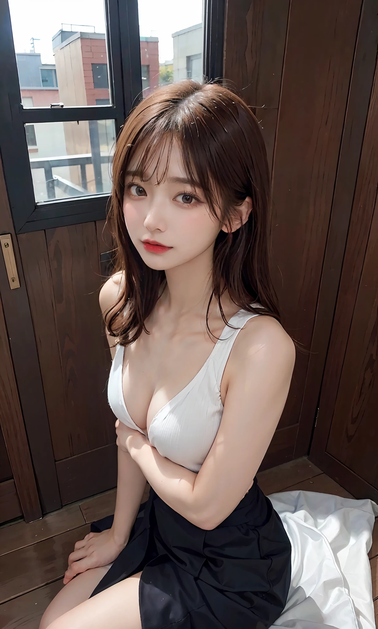 finely best quality、masuter piece、Beautiful smooth skin、The chest is open、Naked and thin sleeveless knit、the lower part of the chest is visible、Breast underbreast、a short skirt、sitting on、Small breasts、Medium-sized breasts、NSFW、cowboy shot、Camera looking up from below、no-bra、Lifting shirt