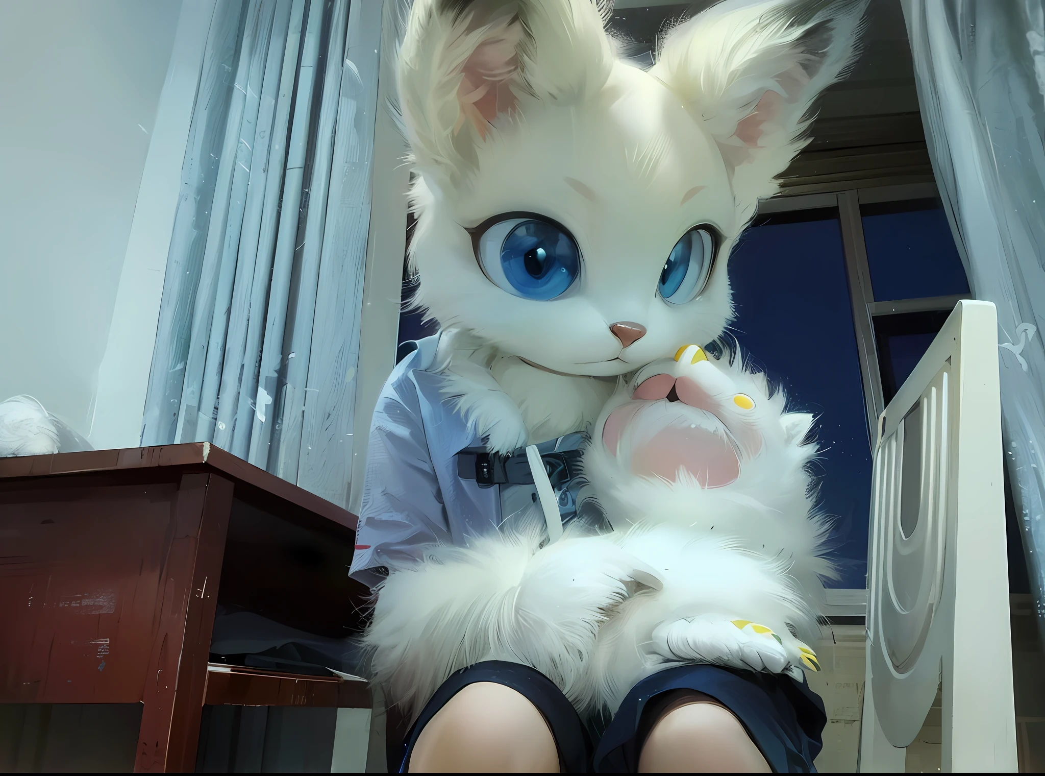 there is a white stuffed animal with blue eyes and a pair of glasses, fursona!!!!, fur set!!!!, attached tail, 3/4 view from below, plushies, headshot of young female furry, macro furry, fur set, spotted ultra realistic, fully flexib, furry fursona, very detailed felt plushie, with a big head，Big eyes