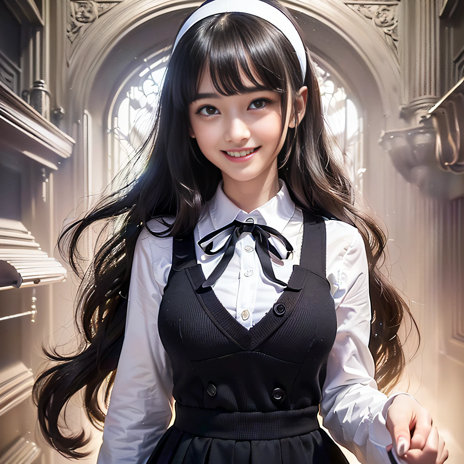 (((ultra best quality、Upper Body Up、Slender 18-year-old、Super beauty in Western style、super detailed face and eyes、Double long and large eyes、Big tear bag、Shining eyes、Short-cut black hair in waves、Aligned bangs、White headband、Show your teeth and smile big、High School Uniforms、breastsout)))、