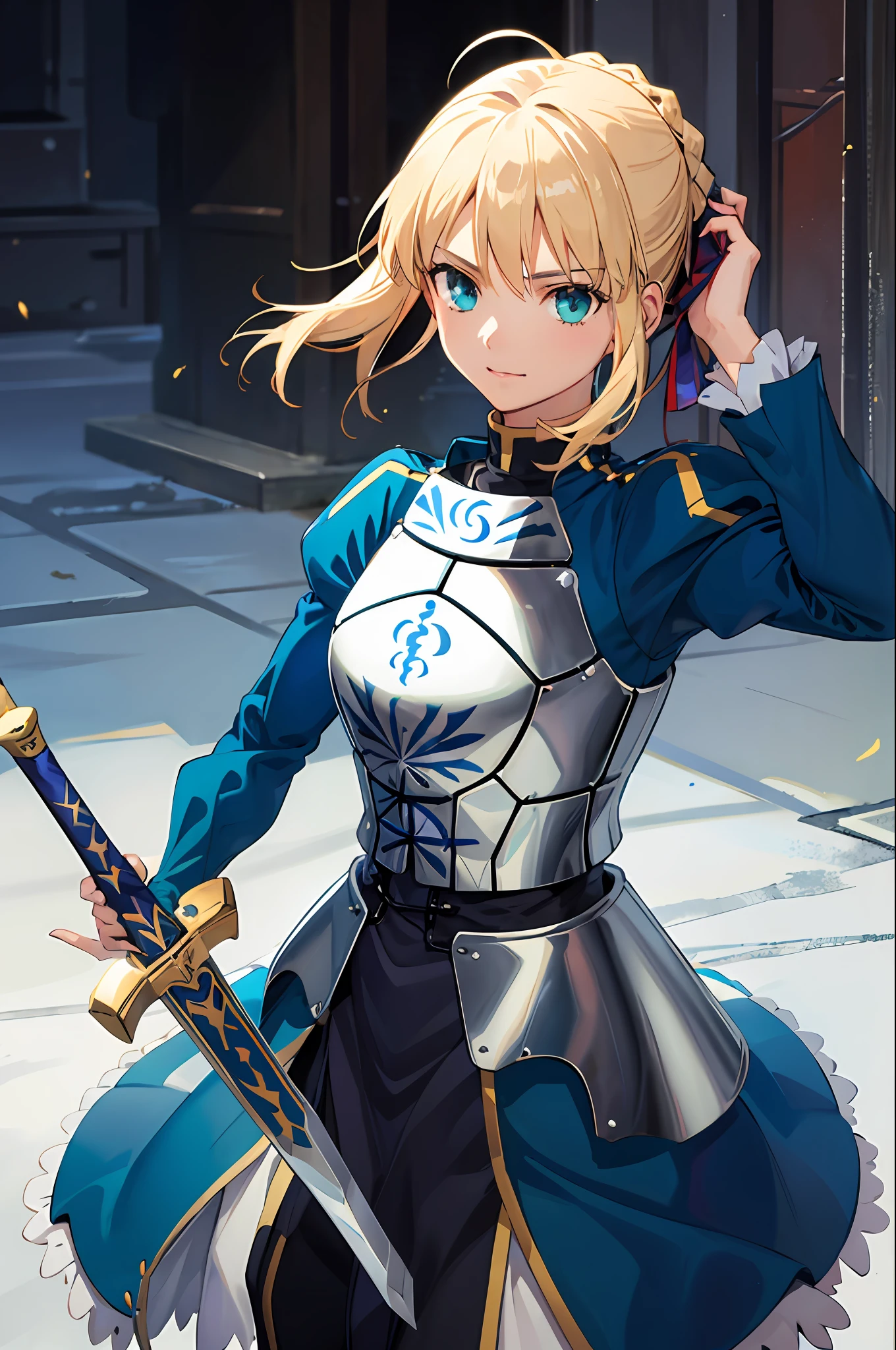 (masterpiece:1.4), (best quality:1.4), realistic, 1girl, artoria pendragon \(fate\), armor, (excalibur \(fate/stay night\), sword, holding sword:1.1)