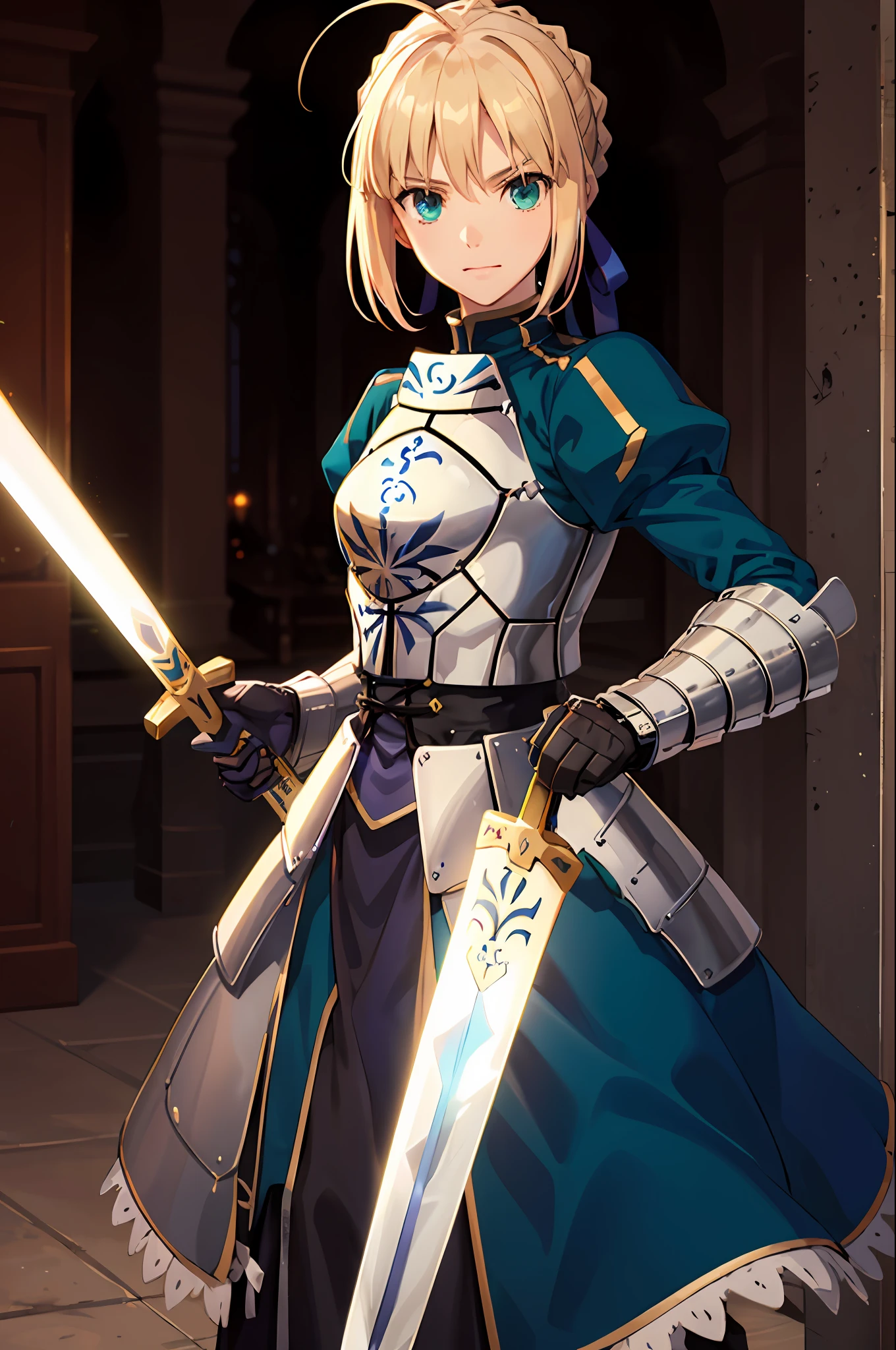 (masterpiece:1.4), (best quality:1.4), realistic, 1girl, artoria pendragon \(fate\), armor, (excalibur \(fate/stay night\), sword, holding sword:1.1)