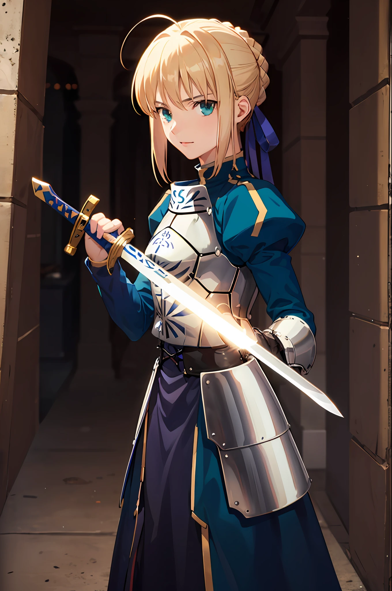 (masterpiece:1.4), (best quality:1.4), realistic, 1girl, artoria pendragon \(fate\), armor, (excalibur \(fate/stay night\), sword, holding sword:1.1)