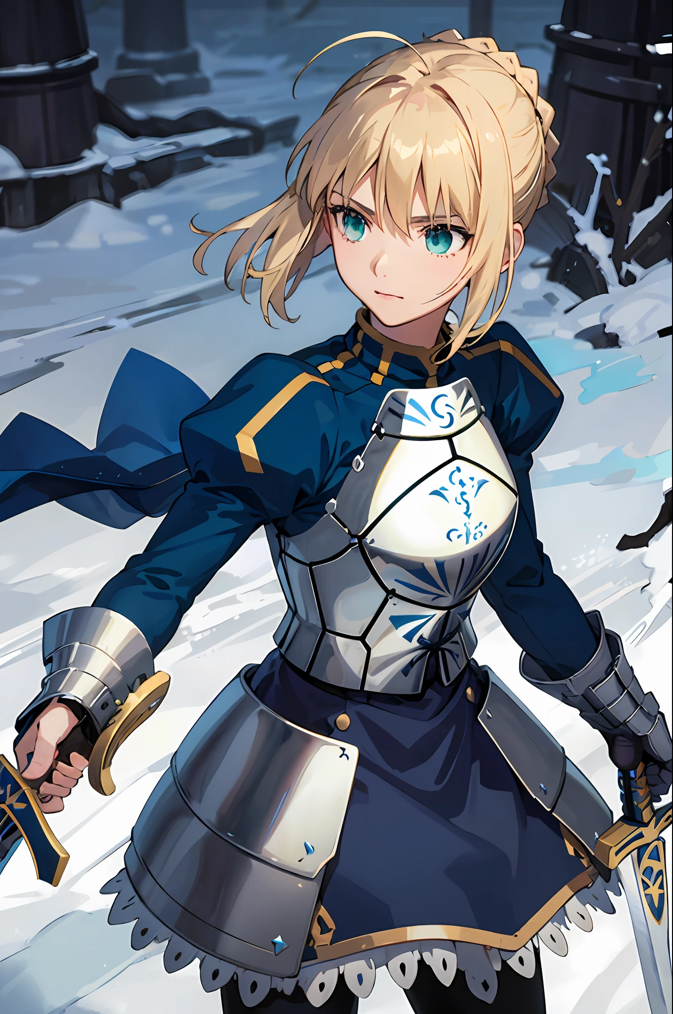 (masterpiece:1.4), (best quality:1.4), realistic, 1girl, artoria pendragon \(fate\), armor, (excalibur \(fate/stay night\), sword, holding sword:1.1)