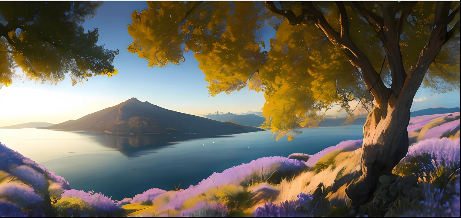 blue-sky,baiyun,lake,The tree,broad,oil painted,4k,Cottage in the lake,light wind,green color,snow mountains,the night