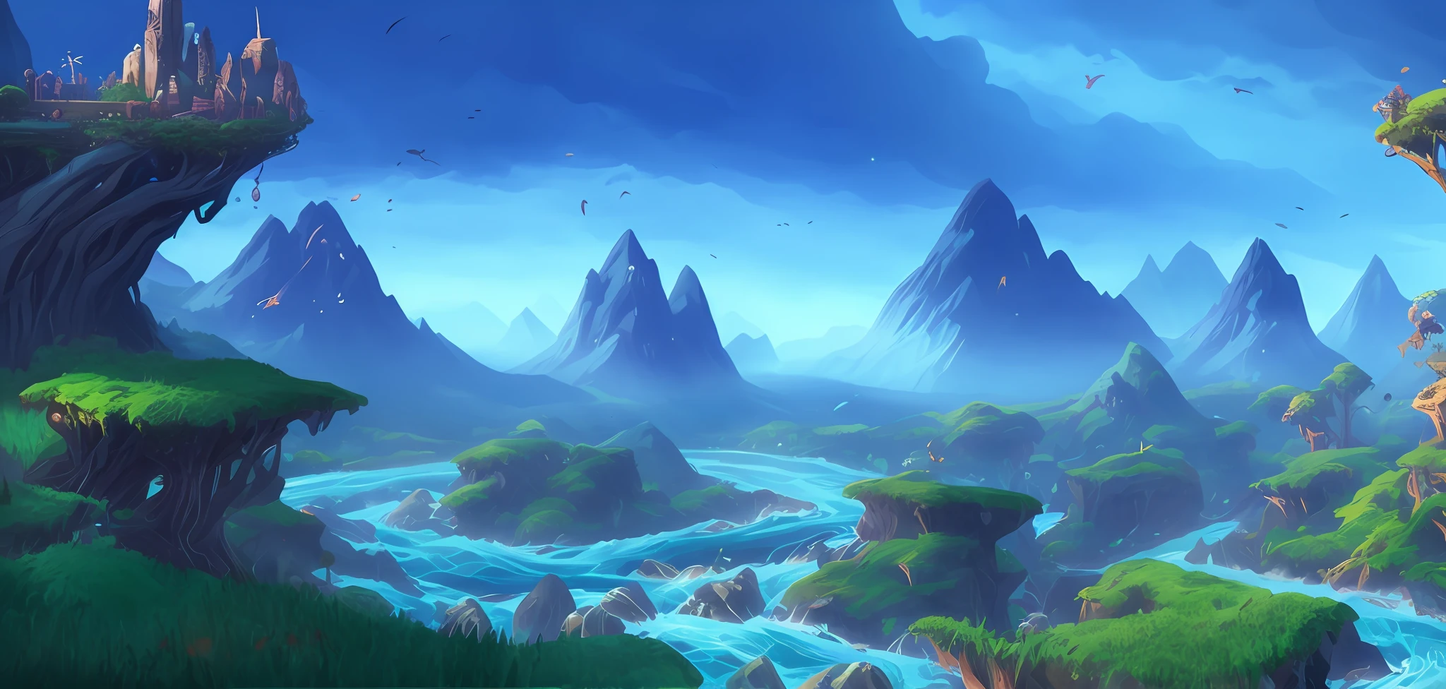 a close up of a video game with a mountain and a river, avatar landscape, Stylized concept art, stunning arcanum backdrop, fantastic screenshot art, ultra wide gameplay screenshot, gigantic landscape!, lush alien landscape, colorful concept art, alien forest in background, made of tree and fantasy valley, epic landscapes, epic environment, Flying Island in the Sky, background artwork