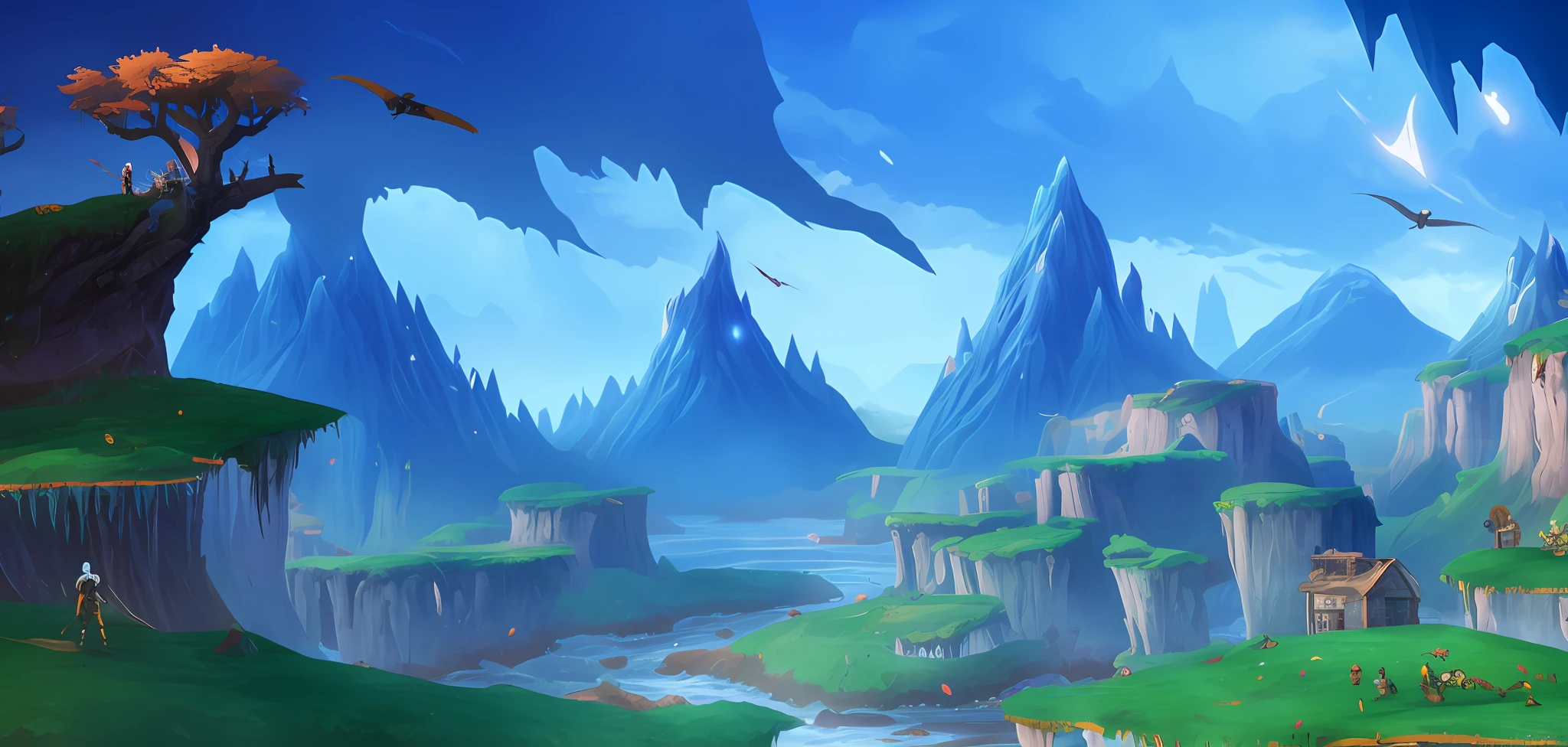 a close up of a video game with a mountain and a river, avatar landscape, Stylized concept art, stunning arcanum backdrop, fantastic screenshot art, ultra wide gameplay screenshot, gigantic landscape!, lush alien landscape, colorful concept art, alien forest in background, made of tree and fantasy valley, epic landscapes, epic environment, Flying Island in the Sky, background artwork