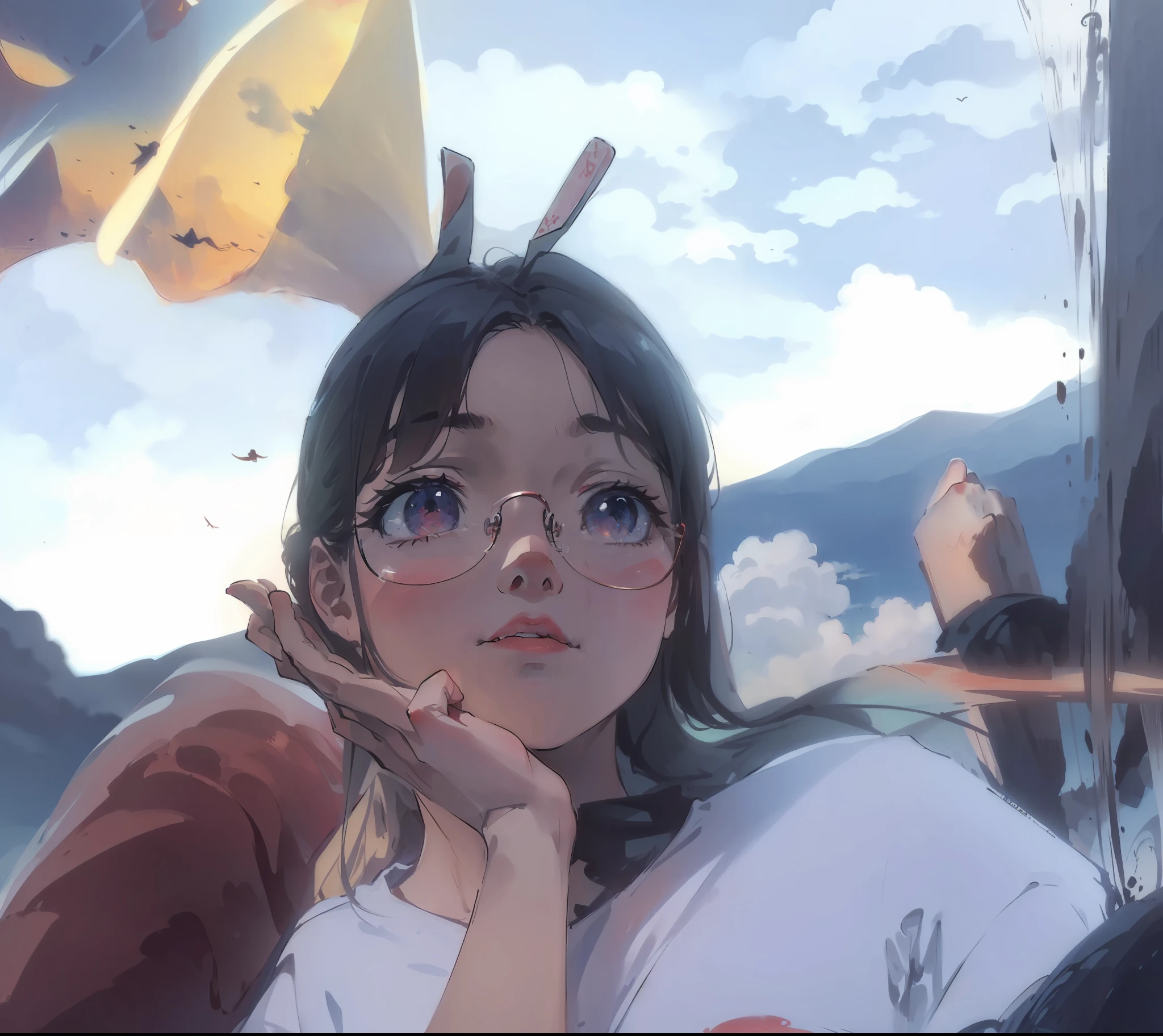 (Ultra HD CG unity wallpaper，A masterpiece of beauty，Attention to detail)(Soft light and shadow，Delicate performance，It's cute)(1girll，holding chin in hand，ssmile，largeeyes),(eye glass，Cute baby face),(Floating at the edge of the cloud，The wind blows slightly),(Relax and gaze，Dynamic posture),(whitet-shirt，denim pant，Comfortable and casual)(Sunset，The sky is searing red，Magnificent)(Ink depiction，Gentle ripples，Subtle water marks)(Cloud perspective，Shoot ultra-long shots，Stunning landscape)