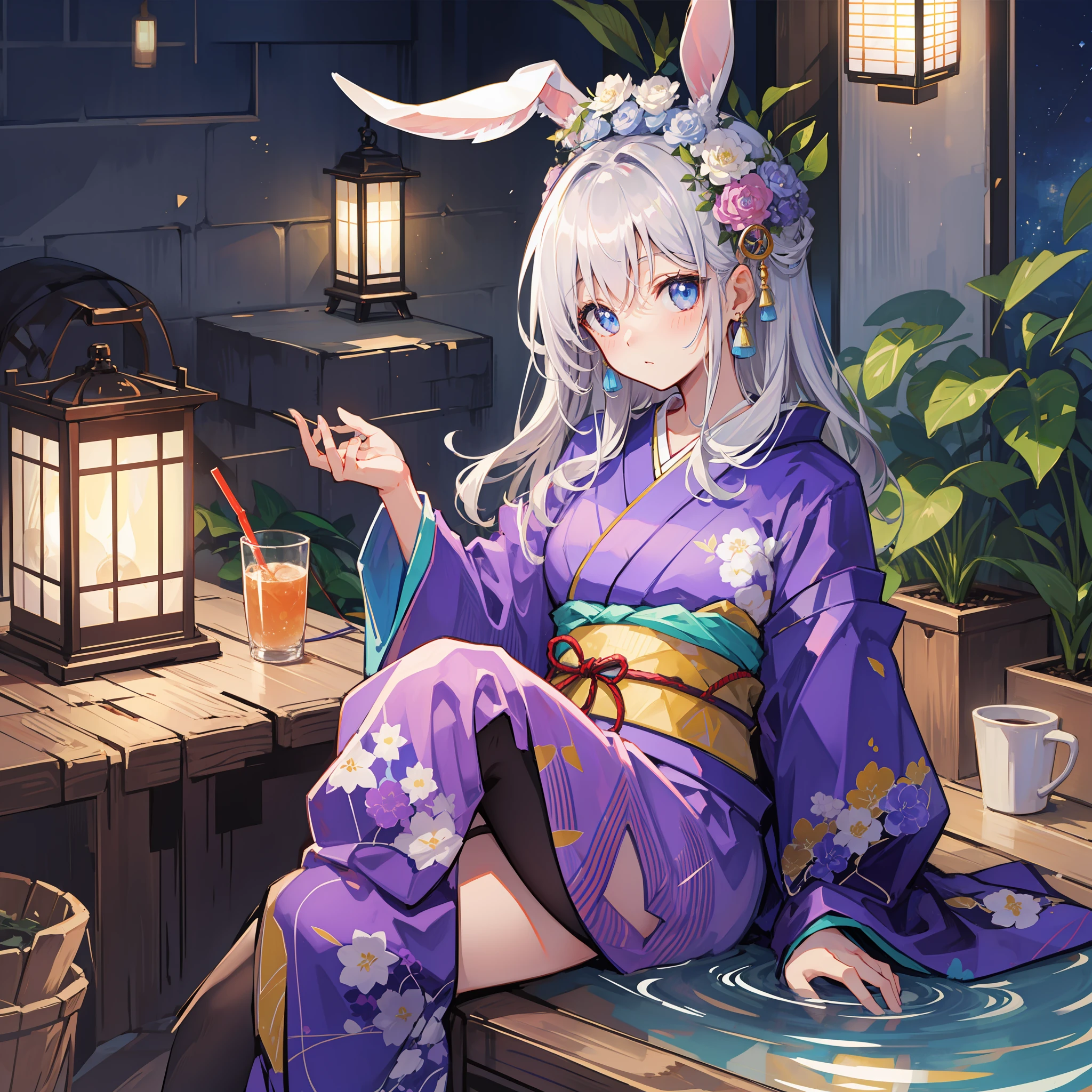 lapin ear Silver hair Blue kimono Night Adonis Drinking water