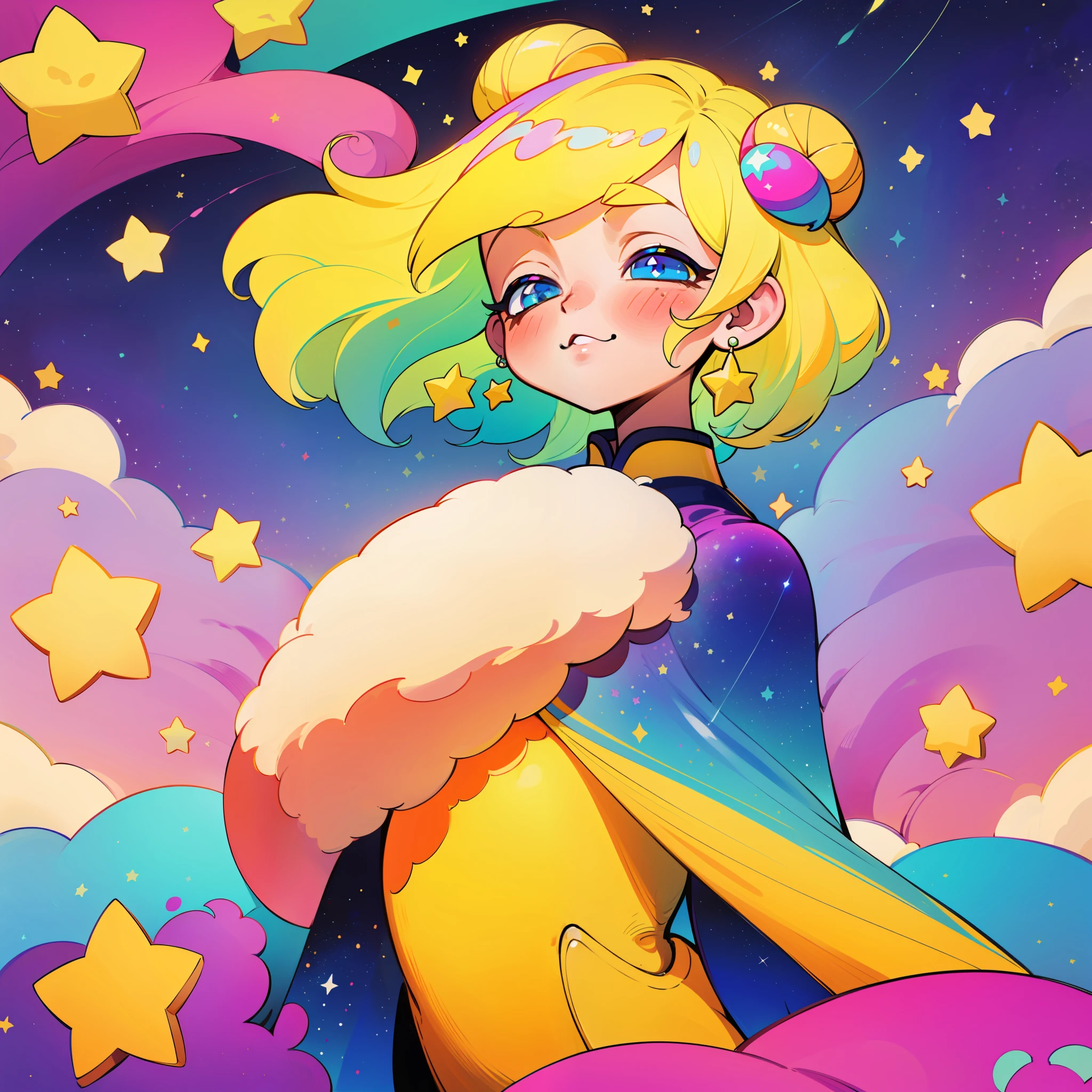 "Con un enfoque extremadamente detallado en la textura y el brillo de las estrellas, This kawaii design features a seamless pattern of bright and colorful stars."