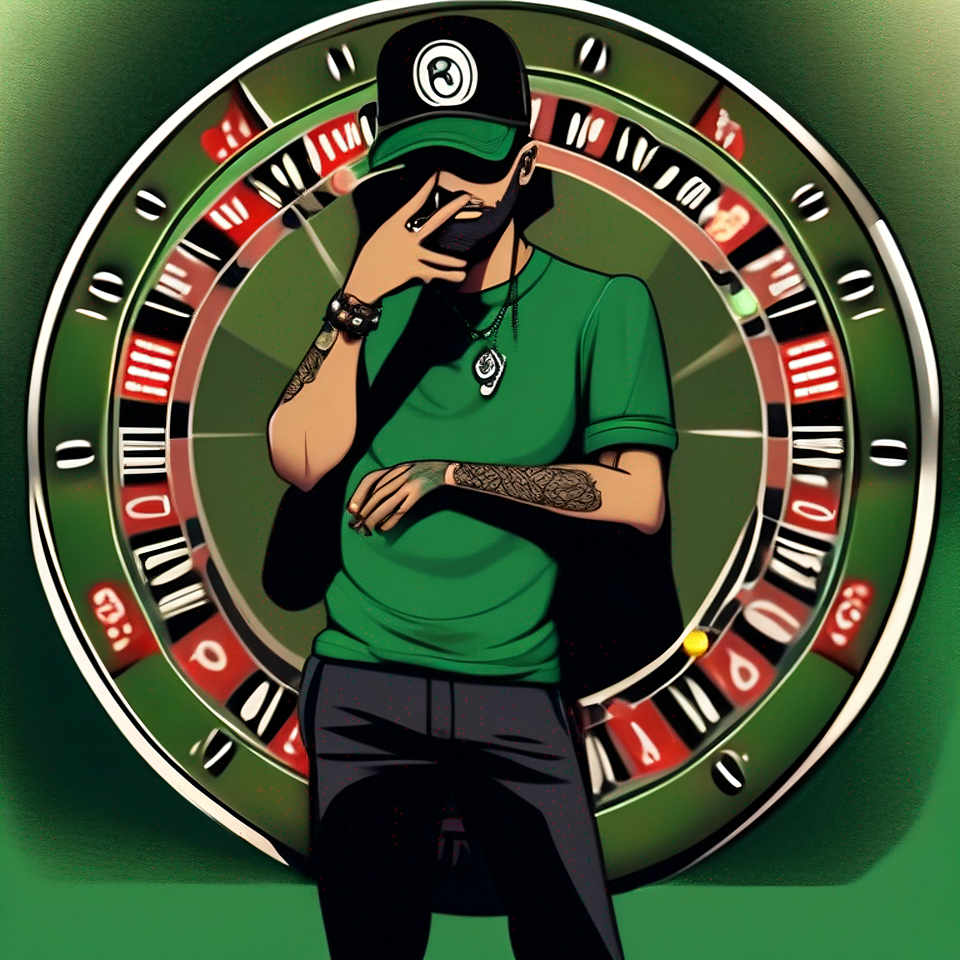 Raoaz,green cap,grande sorriso,blusa da marca blazze,Bousa Nacosta,dark pants,lado a lado,one hand covering eye, the other hand pointing straight,Olhos vermelhos,tattoo of a roulette wheel on hand,noite de alta qualidade 8k,Clima Beco da Cidade, MALDADE, sem olhar --auto