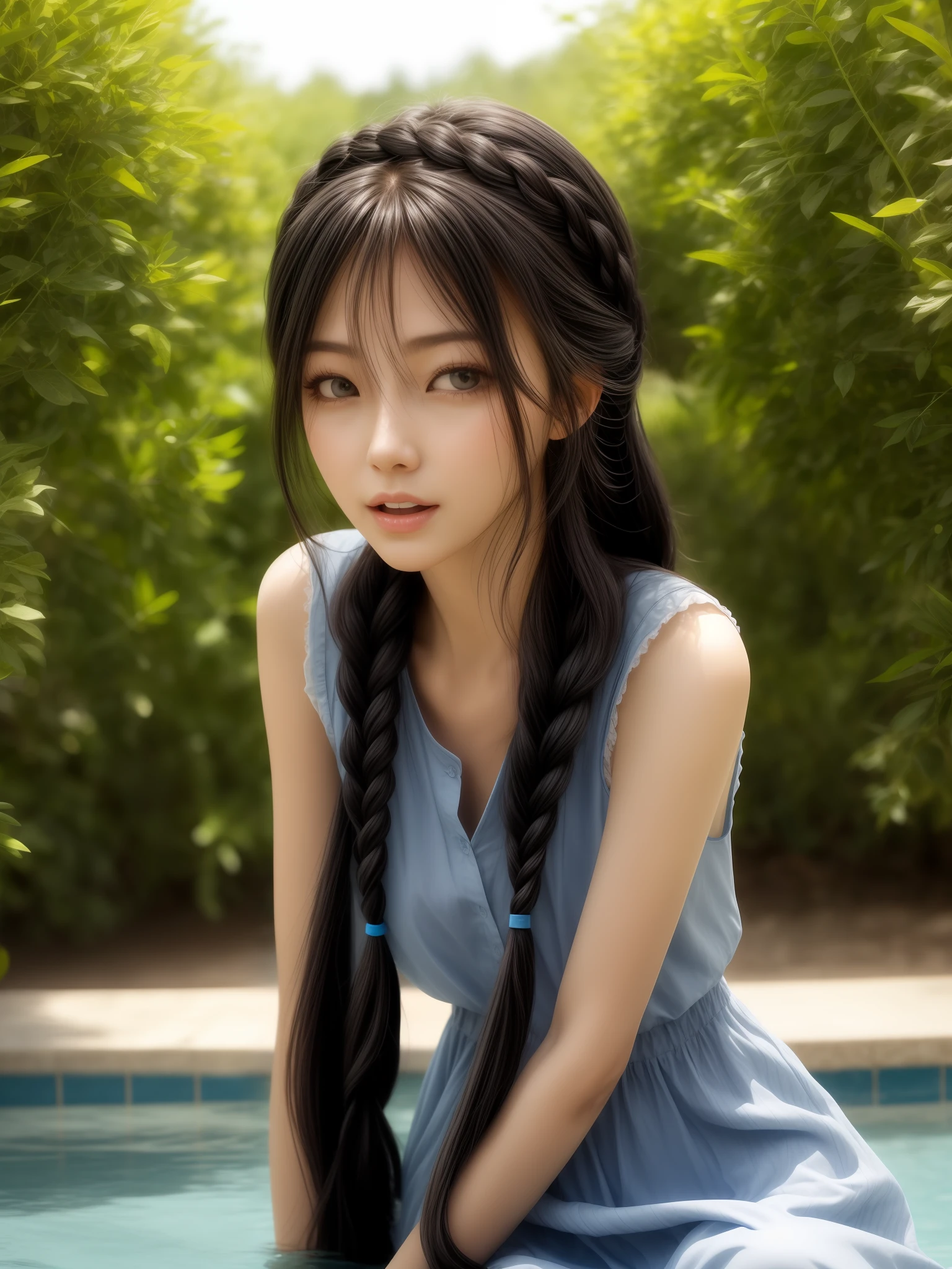 Slender woman, 35 years old, very long black hair braided, blue sleeveless dress, sweet expression, water, Greek woman