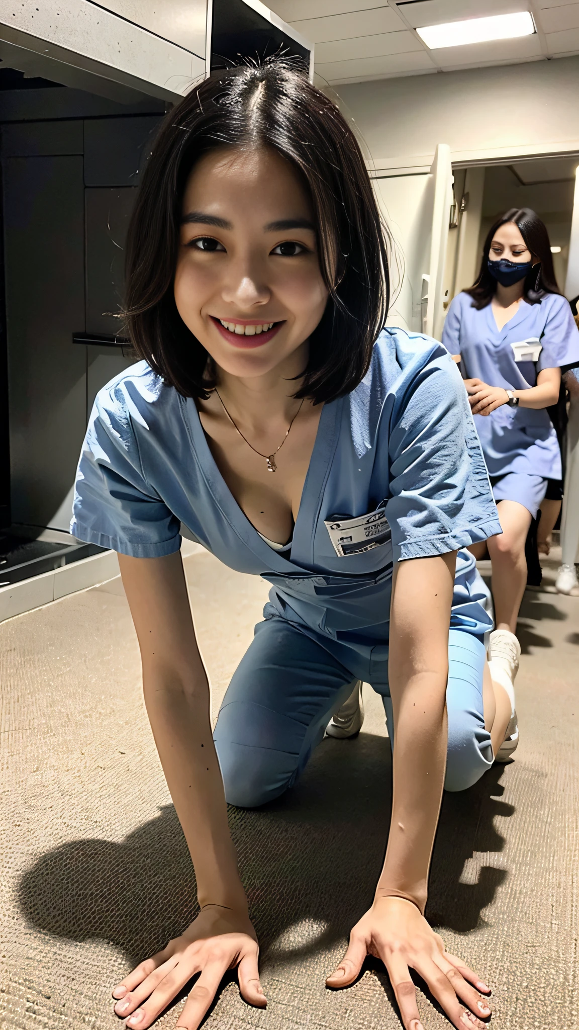 (finely best quality、8K、32K、​masterpiece、nfl:1.2)、Photo of a cute Japanese woman、3gril、Short black hair、l(Leading Ahead:1.9)、crouching down、(frombelow:1.5)、POV、(Nursing clothing:1.0)、(short skirt of dark blue color:0.5)、no-bra、a necklace、Medium chest、hospitals、sneakers、Wide open chest、smil、Emphasis on the chest、Crawling on all fours、Nurse、Hospital Room、Nurse